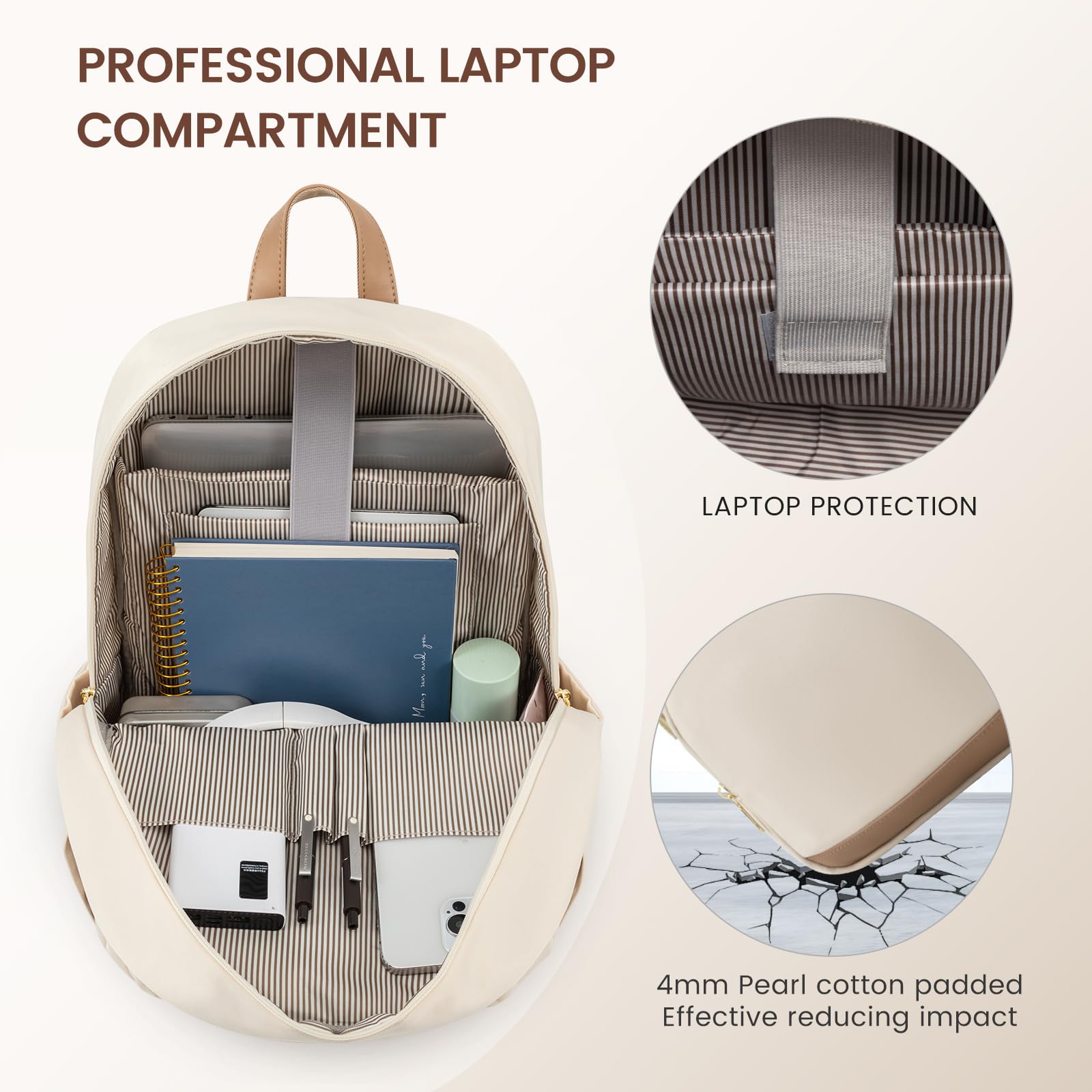 LOVEVOOK Waterproof Laptop Backpack for Women - 15.6 Inch Travel & Work Backpack with USB Charging Port, Lightweight College Computer Bag (Beige) - Perfect for Business Trips, Commuting & Campus Life