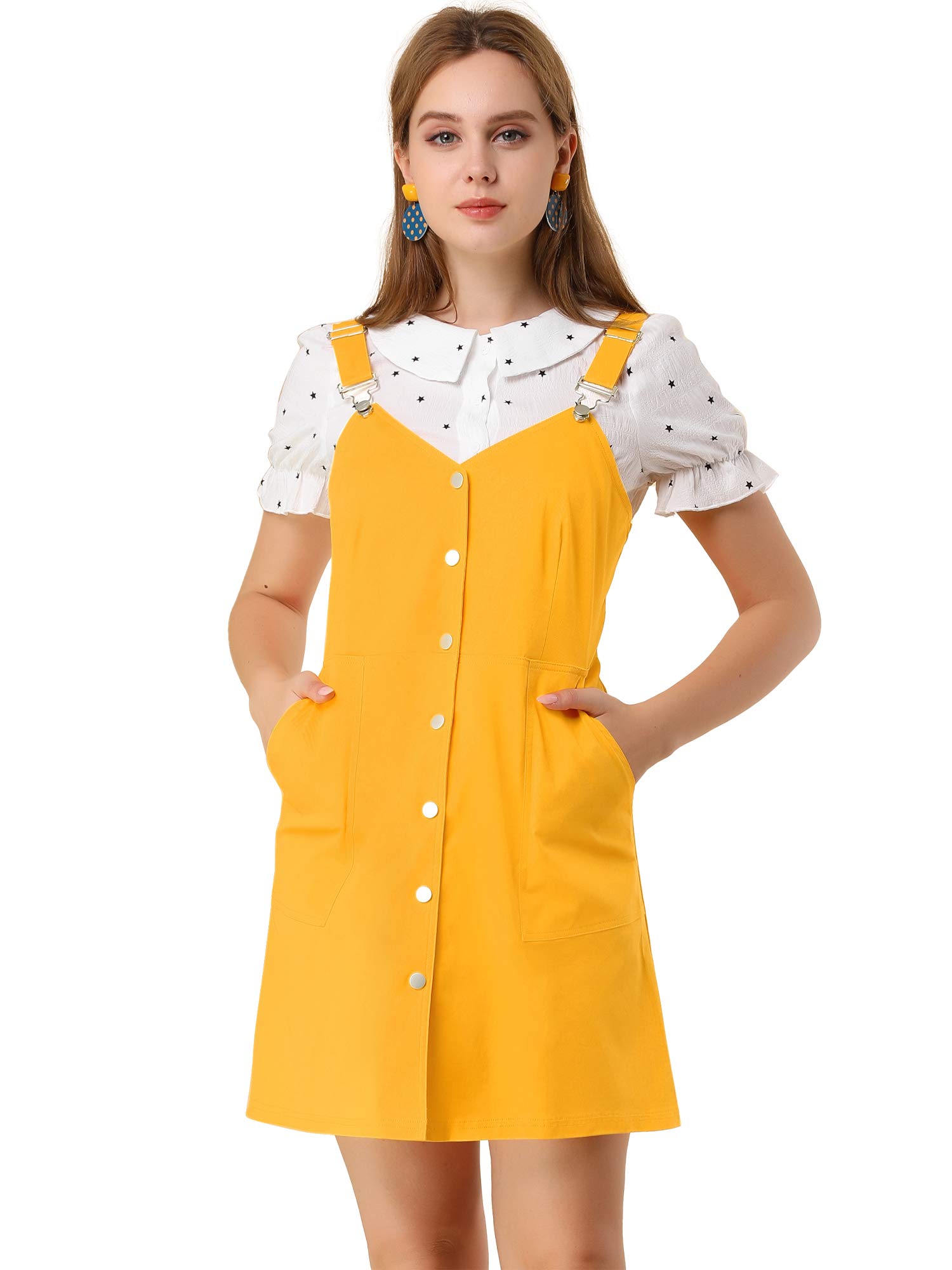 Allegra K Women's Adjustable Strap Cotton Pinafore Jumper Dress with Pockets - Casual Button Down Overalls for Spring, Summer & Fall Outfits