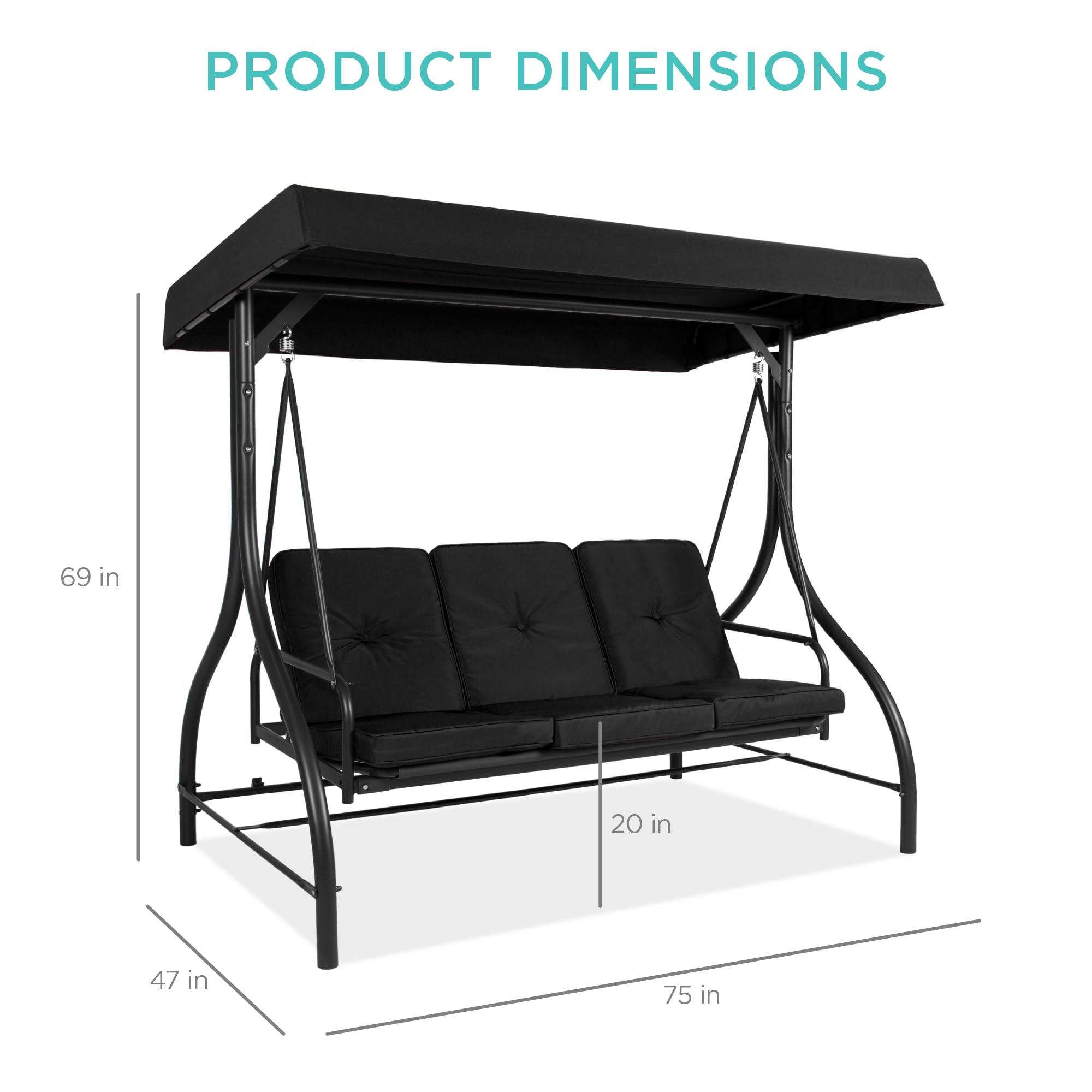 Best Choice Products 3-Seat Outdoor Canopy Swing Glider with Adjustable Shade - Patio Hammock Lounge Chair for Porch, Backyard, Garden w/ Removable Cushions & Flatbed - Perfect for Relaxing, Sunbathing & Outdoor Gatherings - Black