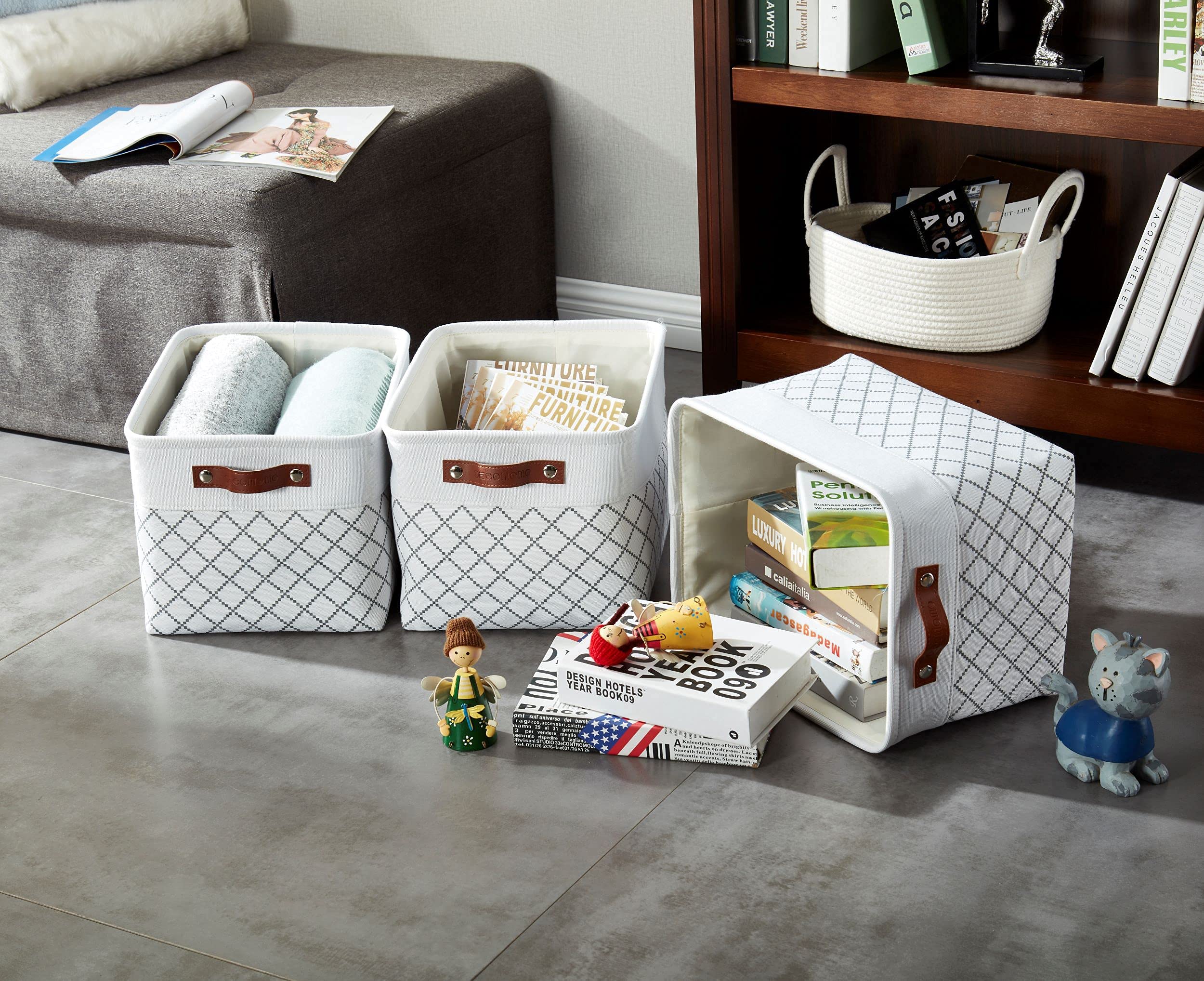DECOMOMO White Fabric Storage Bins - Large 3-Pack Organizing Baskets for Shelves, Closet, Nursery & Toy Storage | Perfect for Home Organization, Baby Room & Playroom (White Check Pattern)