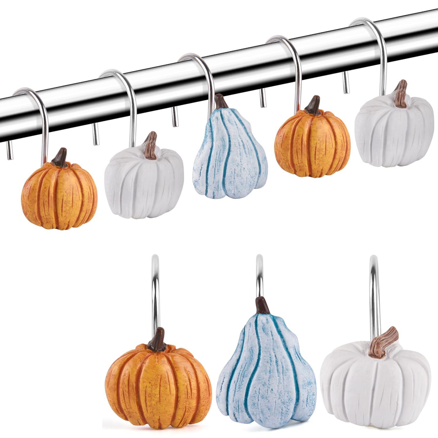 12PCS Rustproof Metal Pumpkin Shower Curtain Hooks - Autumn Thanksgiving Farmhouse Bathroom Decor for Fall, Rustic Cute Shower Accessories (Perfect for Seasonal Home Decor & Holiday Gift Ideas)