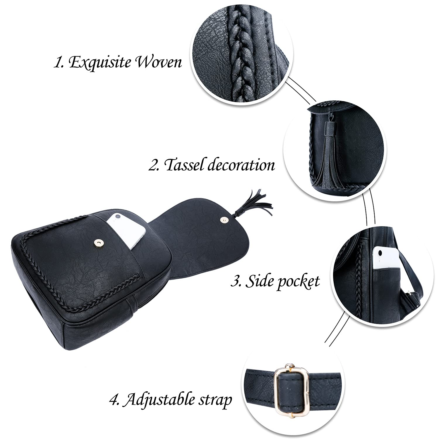 KKXIU Stylish Synthetic Leather Mini Backpack for Women - Trendy Tassel Design, Lightweight & Durable (Black) - Perfect for Work, Travel & Everyday Use