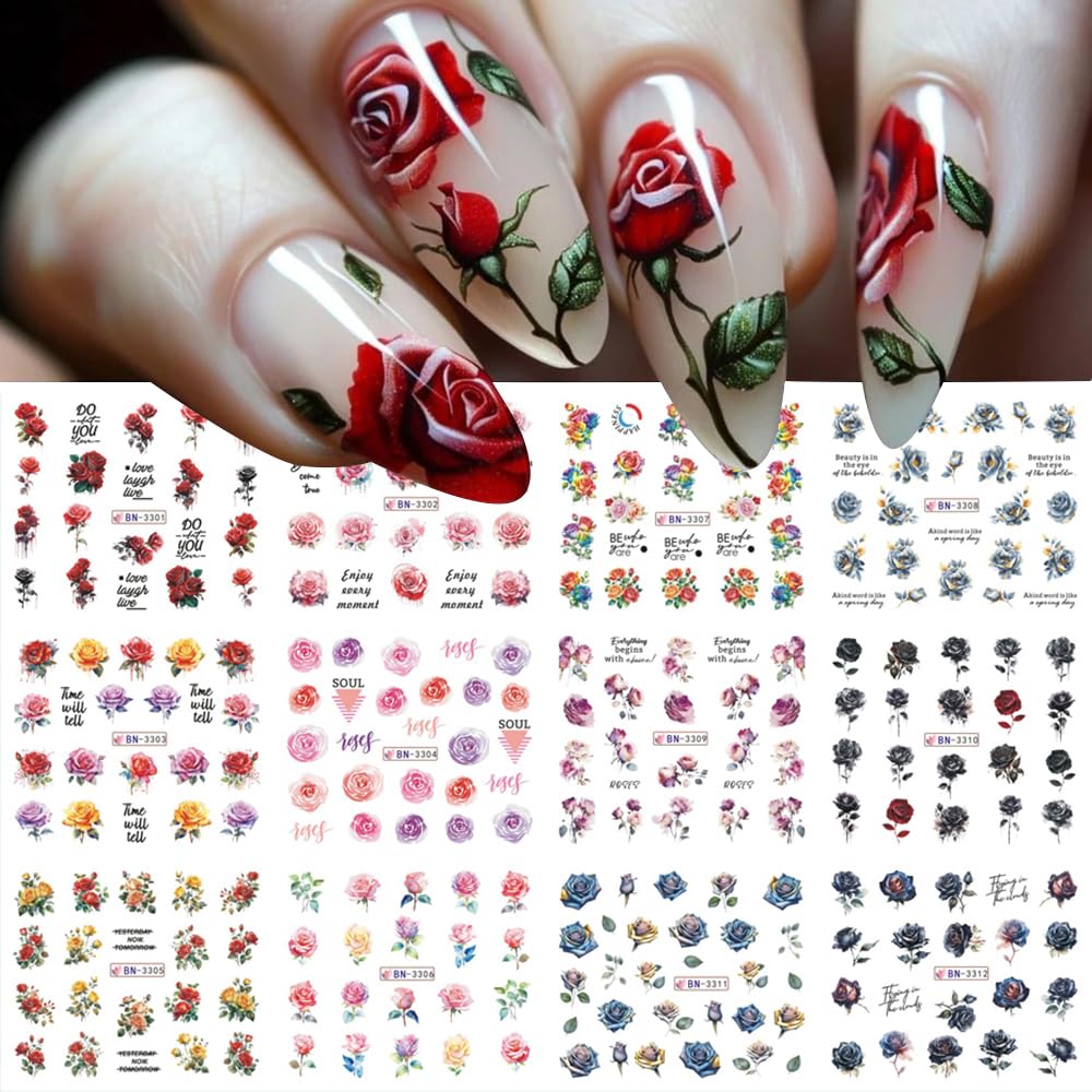 Rose Flower Nail Art Stickers - 12 Sheets Water Transfer Nail Decals for Women | Pink & Black Floral Nail Tattoo Designs | Perfect for Valentine's Day, Bridal, Party & Everyday Nail Art Accessories