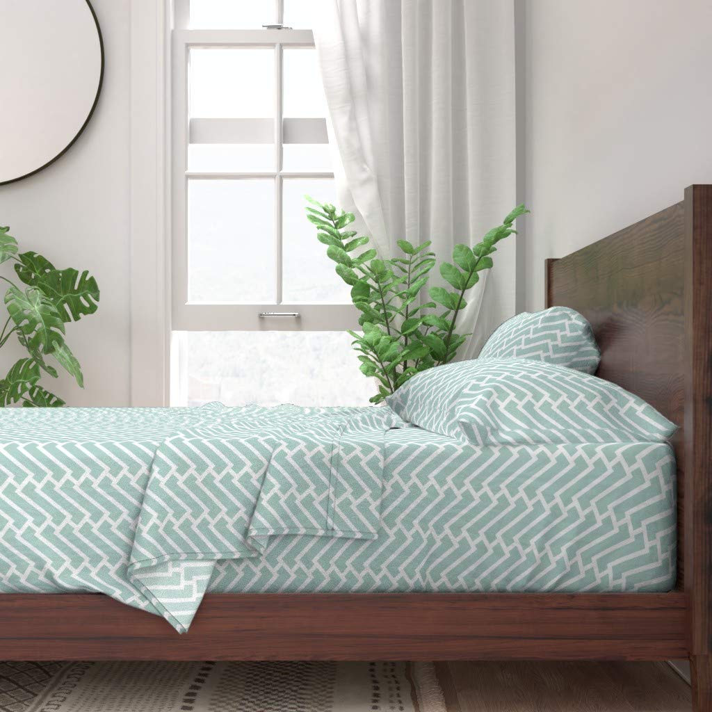 Spoonflower 100% Cotton Twin Sheet Set - 3 Piece Mint Chevron Aqua Zigzag Gender Neutral Nursery Bedding | Midcentury Modern Beach Green Print | Perfect for Baby Rooms, Guest Bedrooms & Coastal Themed Decor