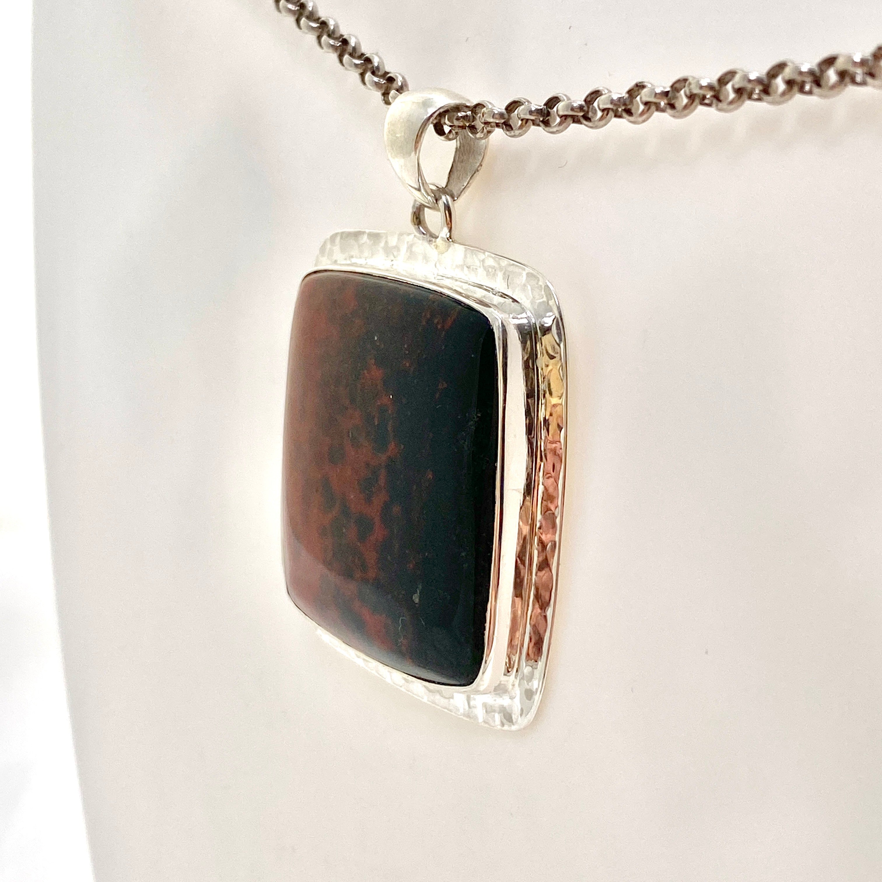 Natural Bloodstone Square Cabochon Pendant in Hammered Sterling Silver Setting KPGJ4743 - Perfect for Healing Jewelry, Meditation & Spiritual Gifts