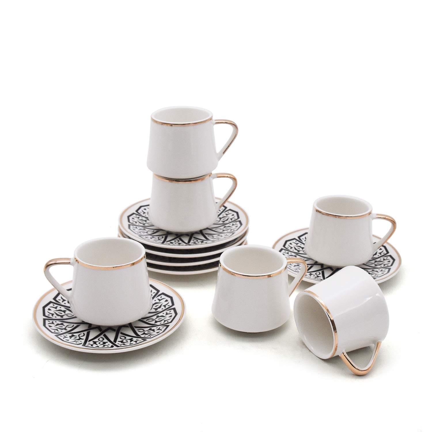 ABHOME 6-Piece Small Espresso Cups and Saucers Set - 2.5 oz Demitasse Cups with Elegant Gold Rim & Gift Box, White Coffee Cup with Decorative Pattern (Black, 80ml) - Perfect for Espresso, Cappuccino, and Afternoon Tea Serving