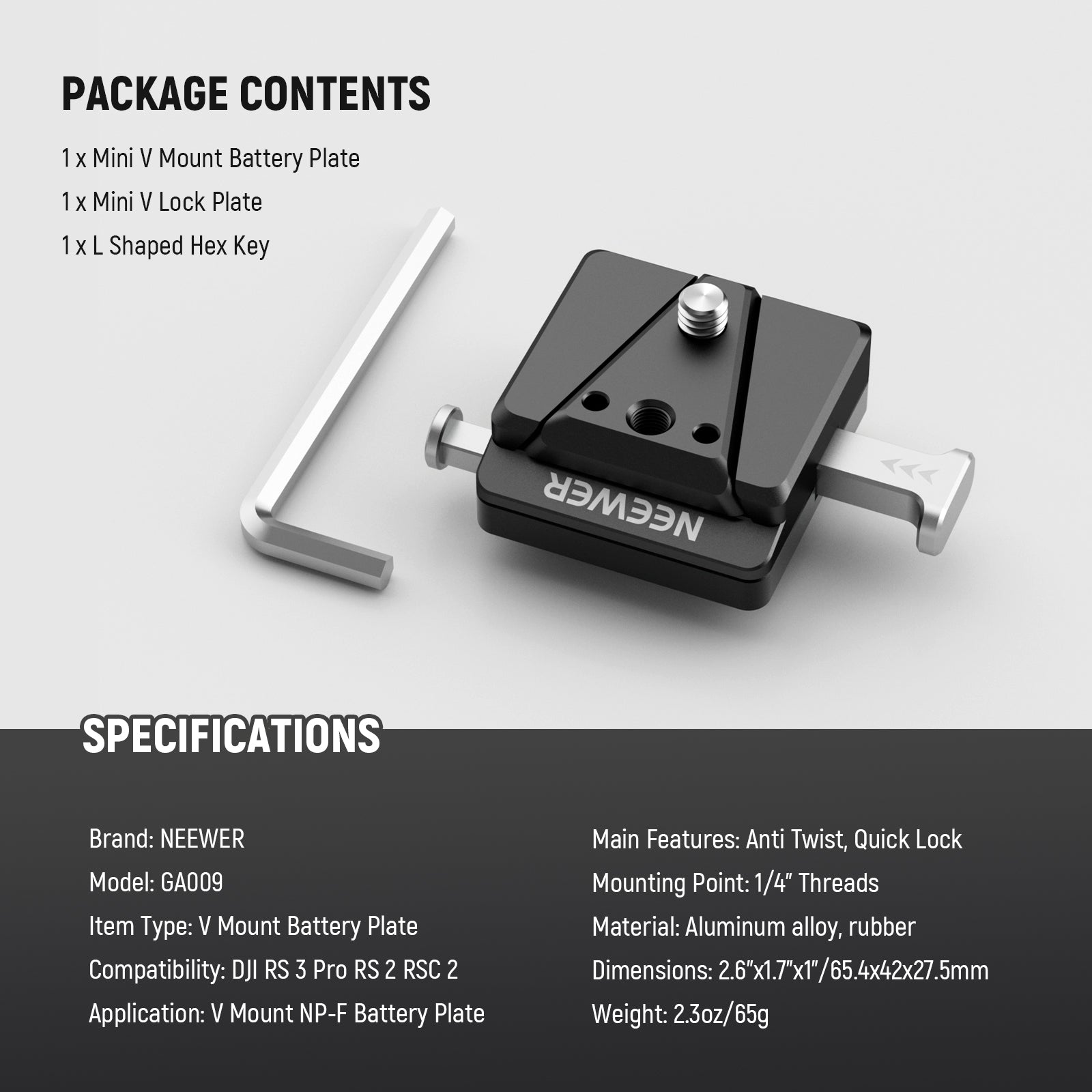 NEEWER GA009 Mini V Mount Battery Plate for DJI RS4 Pro, RS3 Pro, RS2, RSC2 Gimbal Stabilizers - Power Solution for Filmmaking & Vlogging