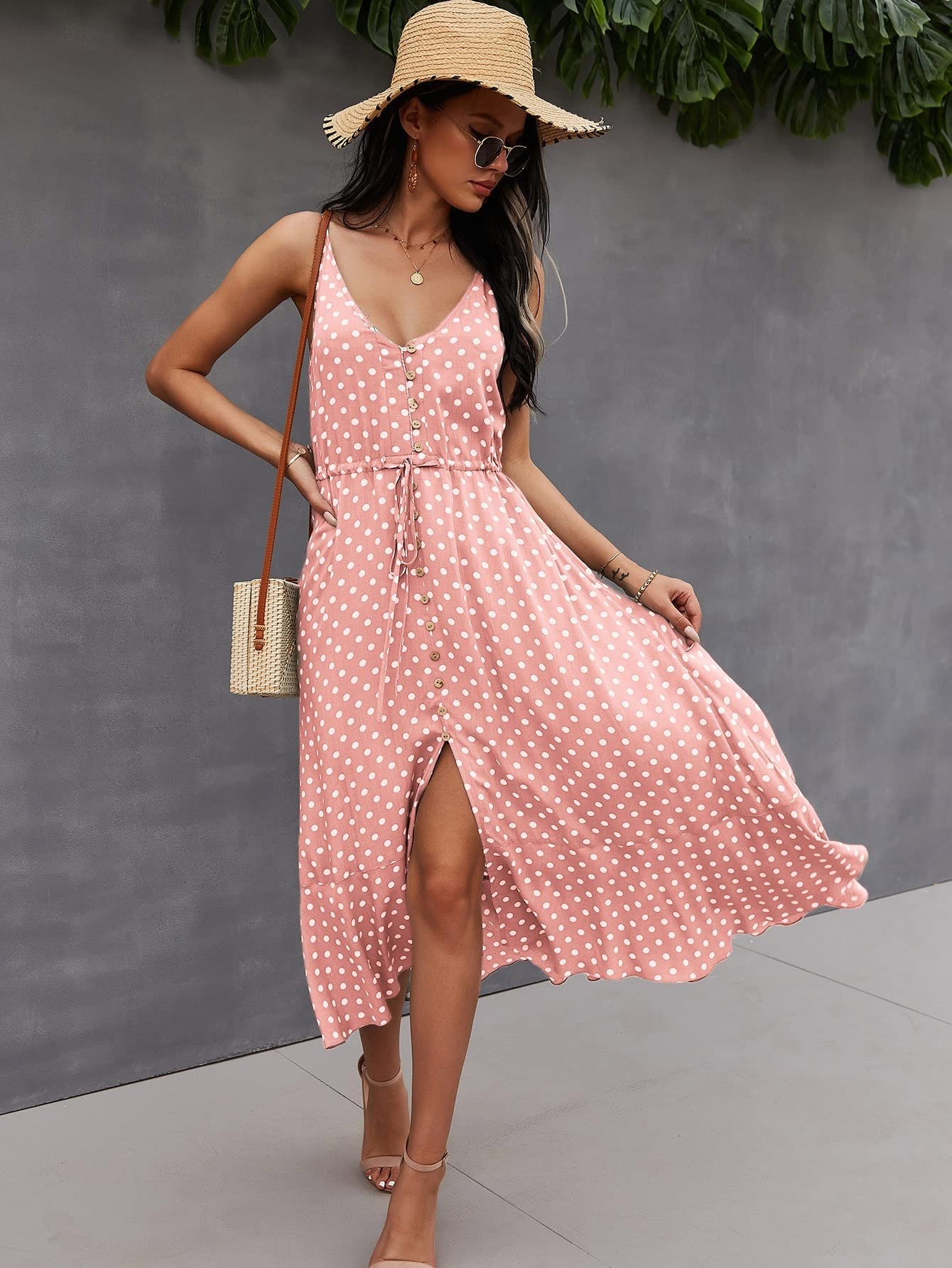 MAPAF Women's Summer Slip Dress - Button Front Drawstring Waist Polka Dot Cami Dress for Beach, Vacation & Casual Outings