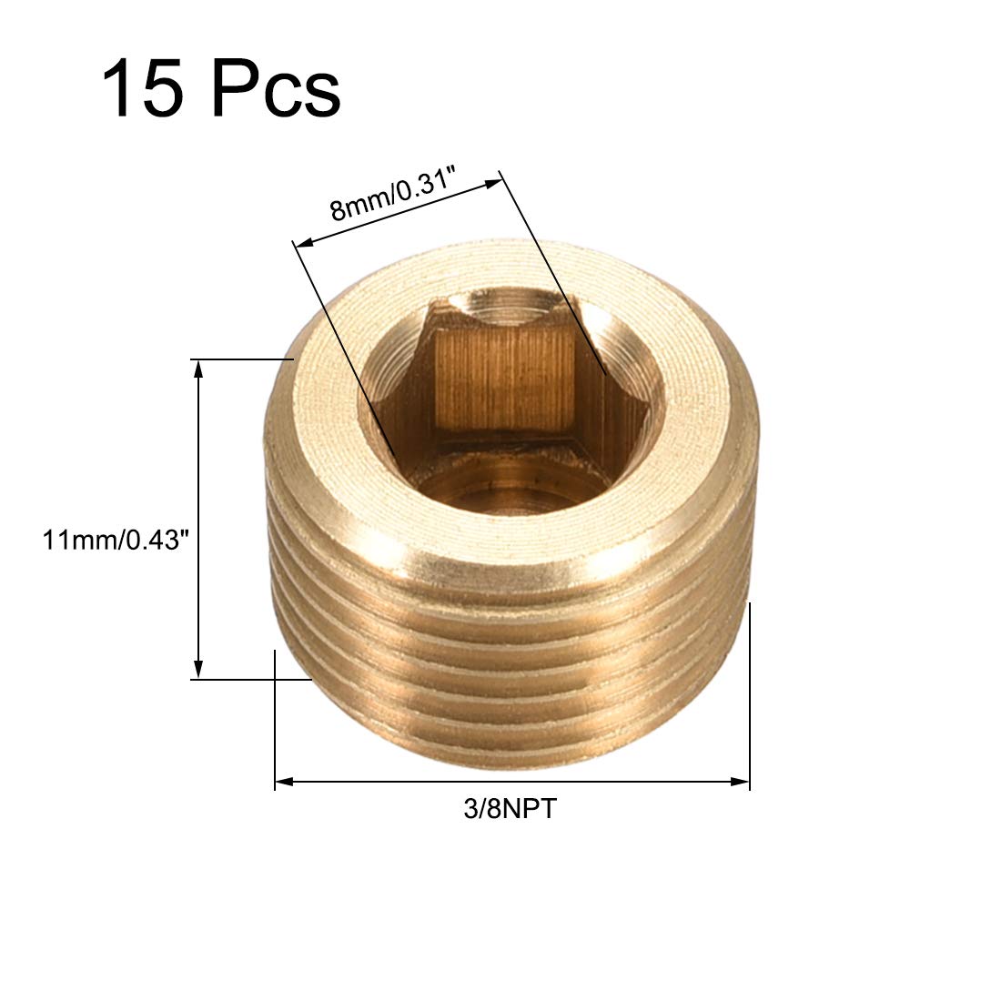 Brass Pipe Fitting Hex Counter Sunk Plug 3/8NPT Male Socket Drive Countersunk Pipe Plugs - 15 Pack for Plumbing, HVAC, and Industrial Applications