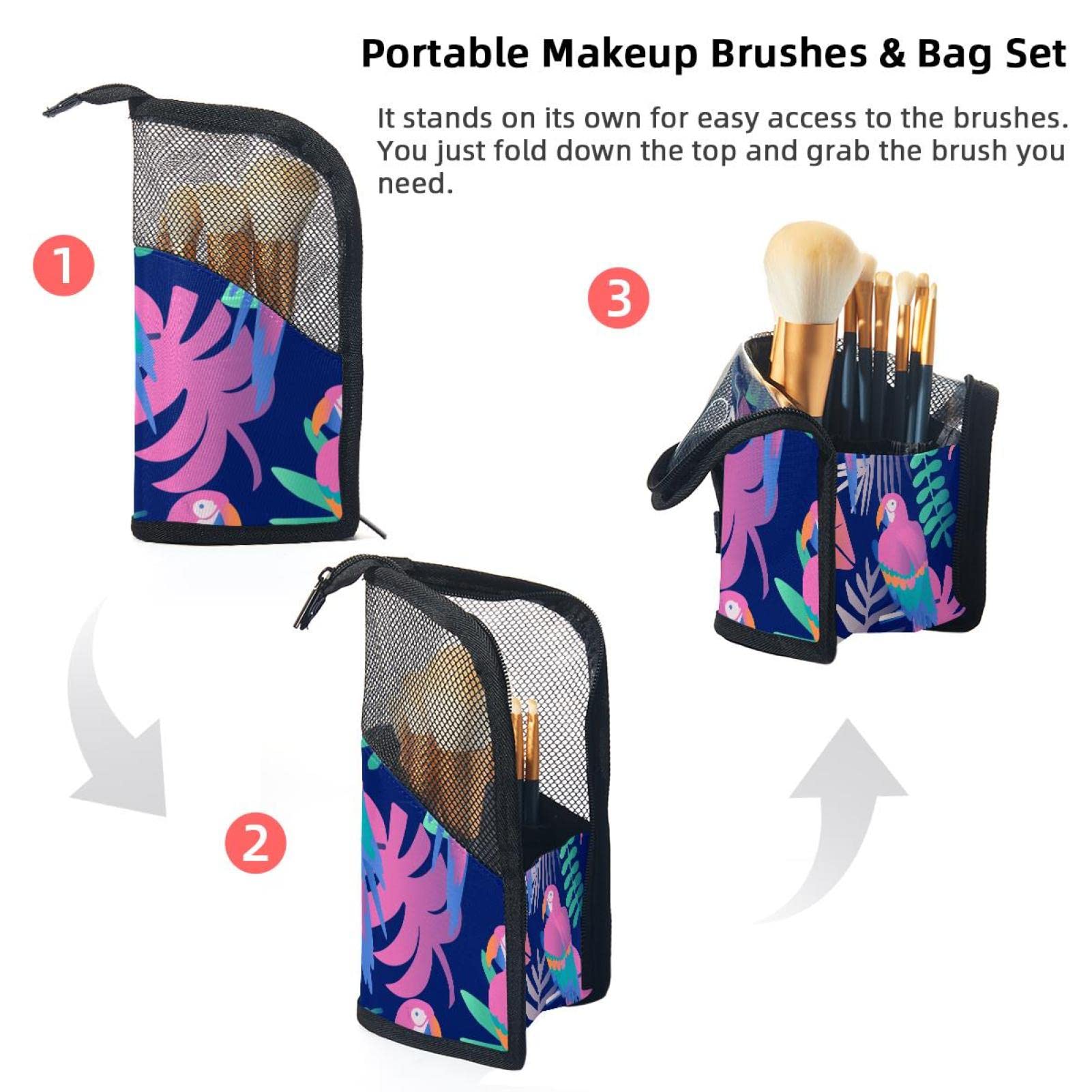 12-Piece Makeup Brush Organizer Bag with Colorful Tropical Jungle Leaves & Parrots Design - Portable Makeup Brush Holder Case for Travel, Home & Professional Makeup Artists