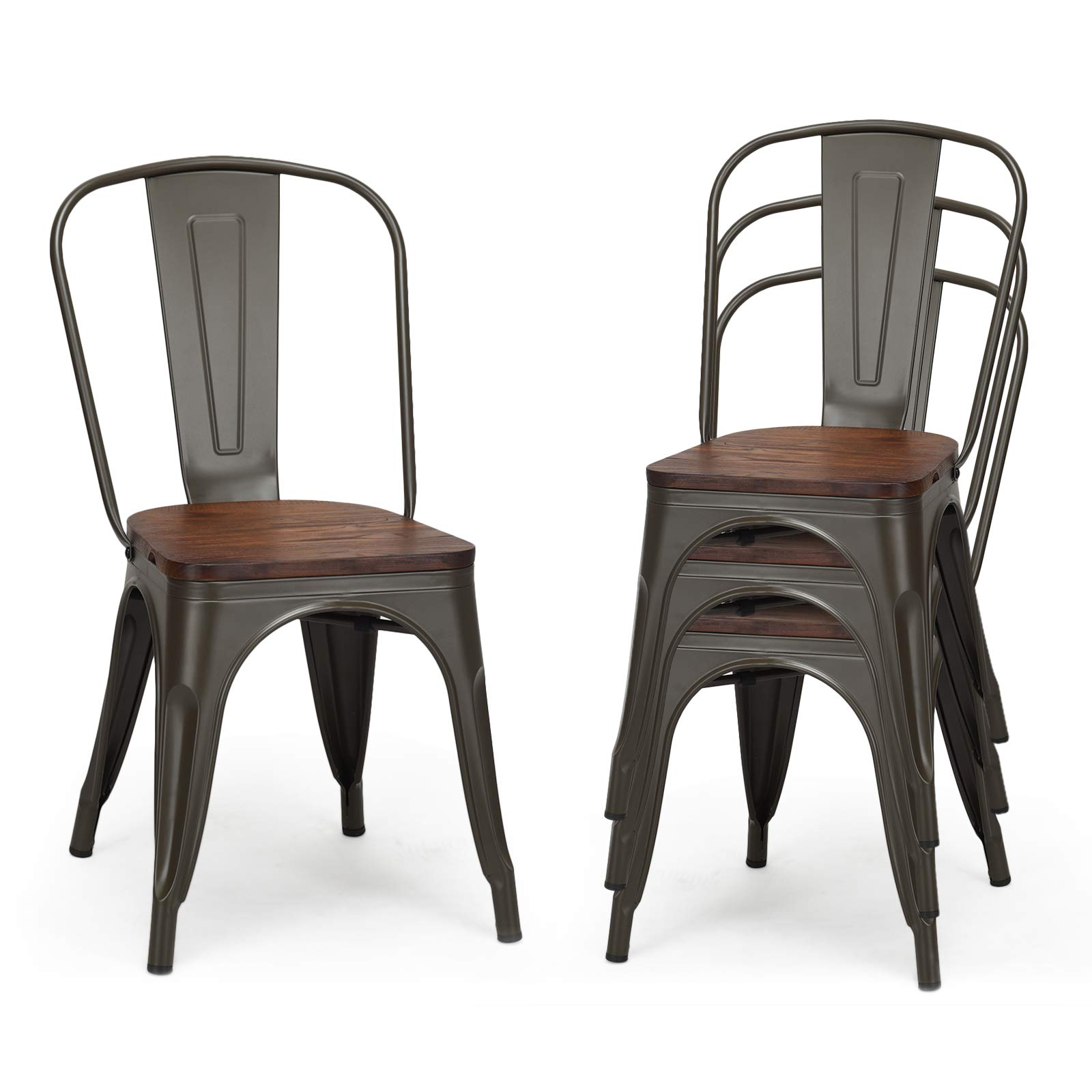 HAPPYGRILL 4-Piece Dining Chair Set - Indoor/Outdoor Metal Kitchen Chairs with Wooden Seat & High Back, Tolix-Style Stackable Counter Bar Stools - Perfect for Home, Restaurant, Patio & Party Decor
