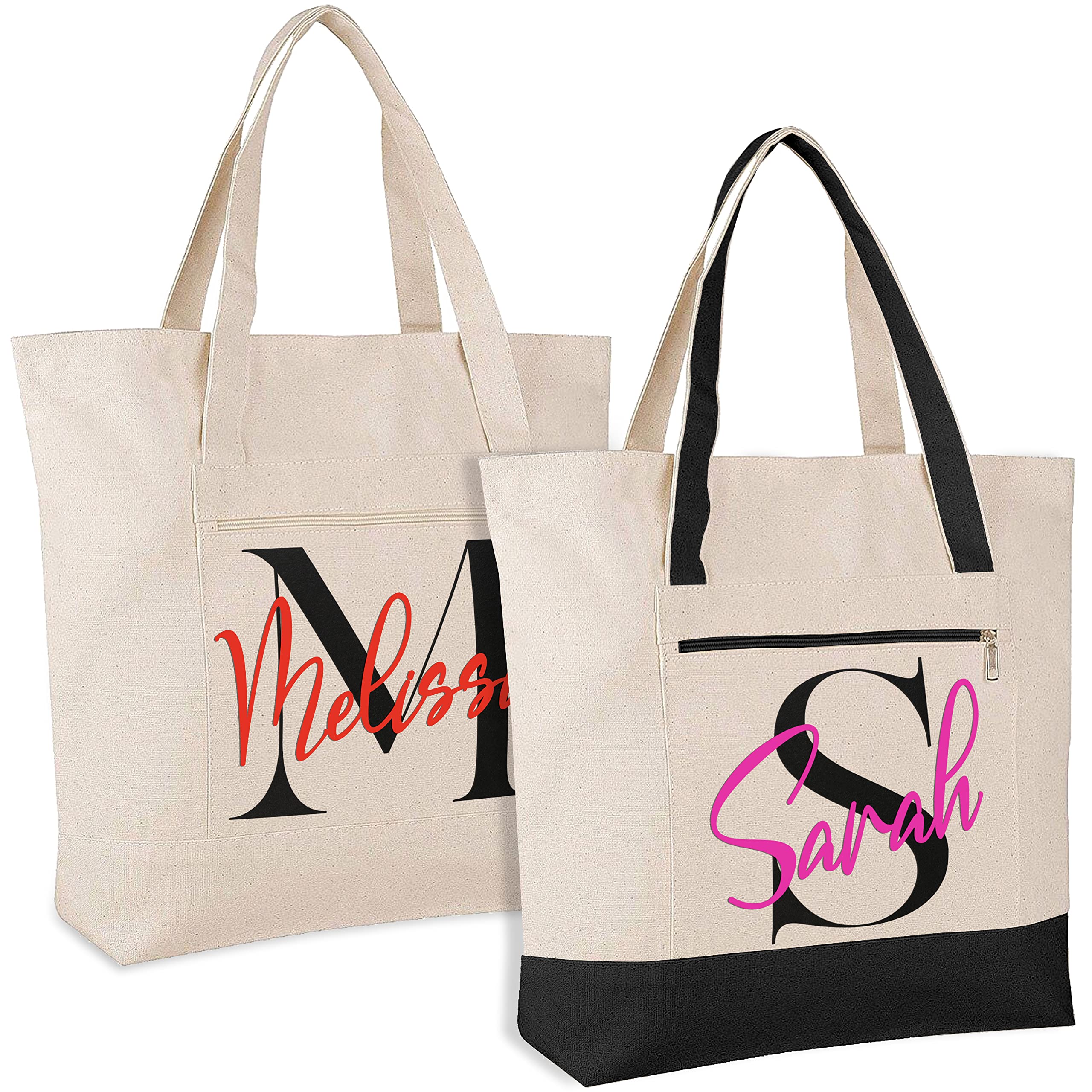 Custom Personalized Initial Name Canvas Tote Bags - 2 Bag Colors & 16 Vinyl Colors - Zippered Eco-Friendly Shopping Bag for Women - Wedding, Bachelorette, Birthday Gift - Perfect for Beach, Grocery Shopping & Daily Use