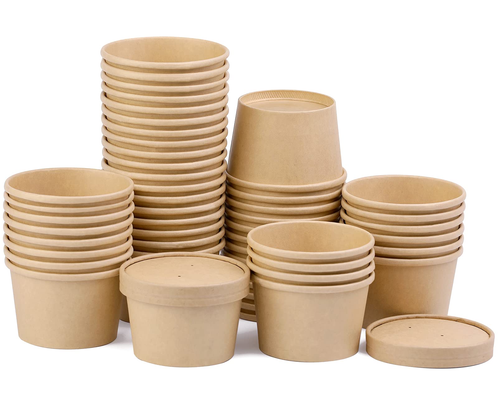 50 Pack 8 oz Disposable Paper Soup Cups with Lids - Eco-Friendly Ice Cream Containers, To-Go Food Bowls for Soup, Frozen Yogurt, Desserts - Perfect for Parties, Picnics & Takeout Meals