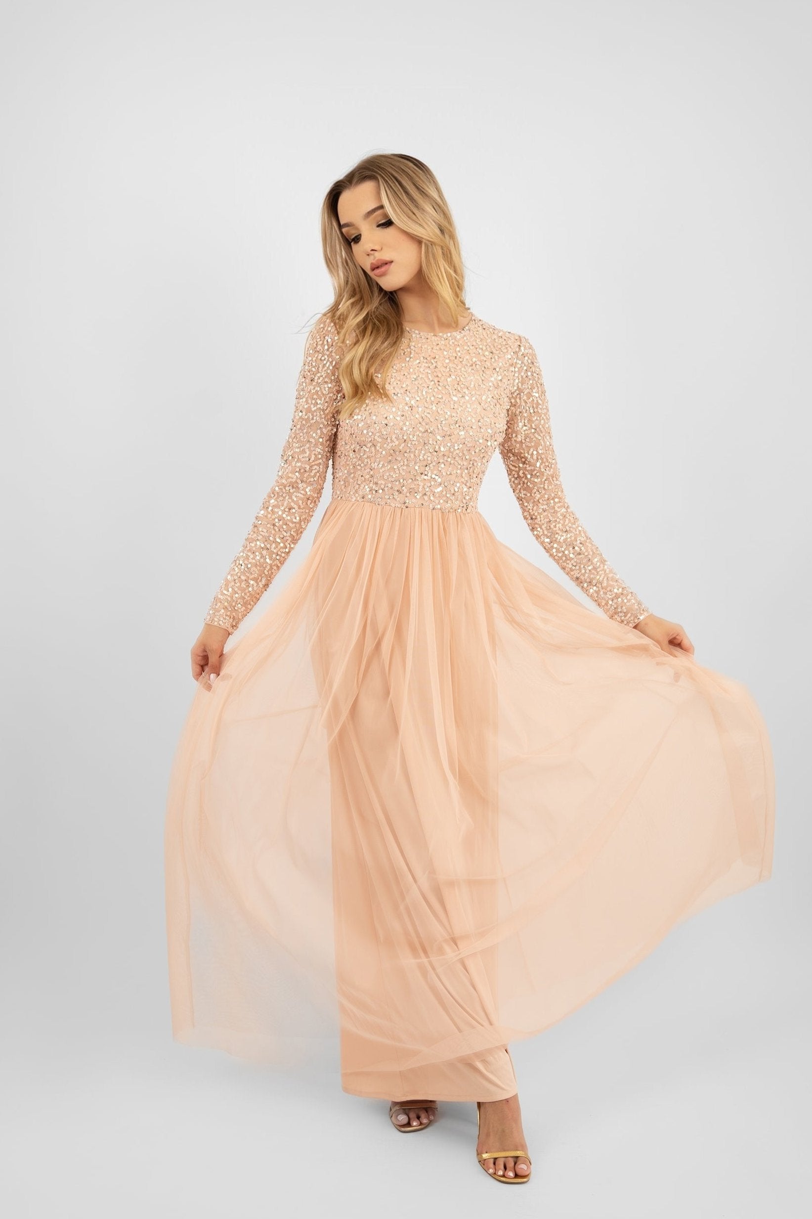 Elegant Belle Blush Pink Long Sleeve Bridesmaid Dress - Formal Wedding Party Gown for Bridesmaids, Evening Events & Special Occasions