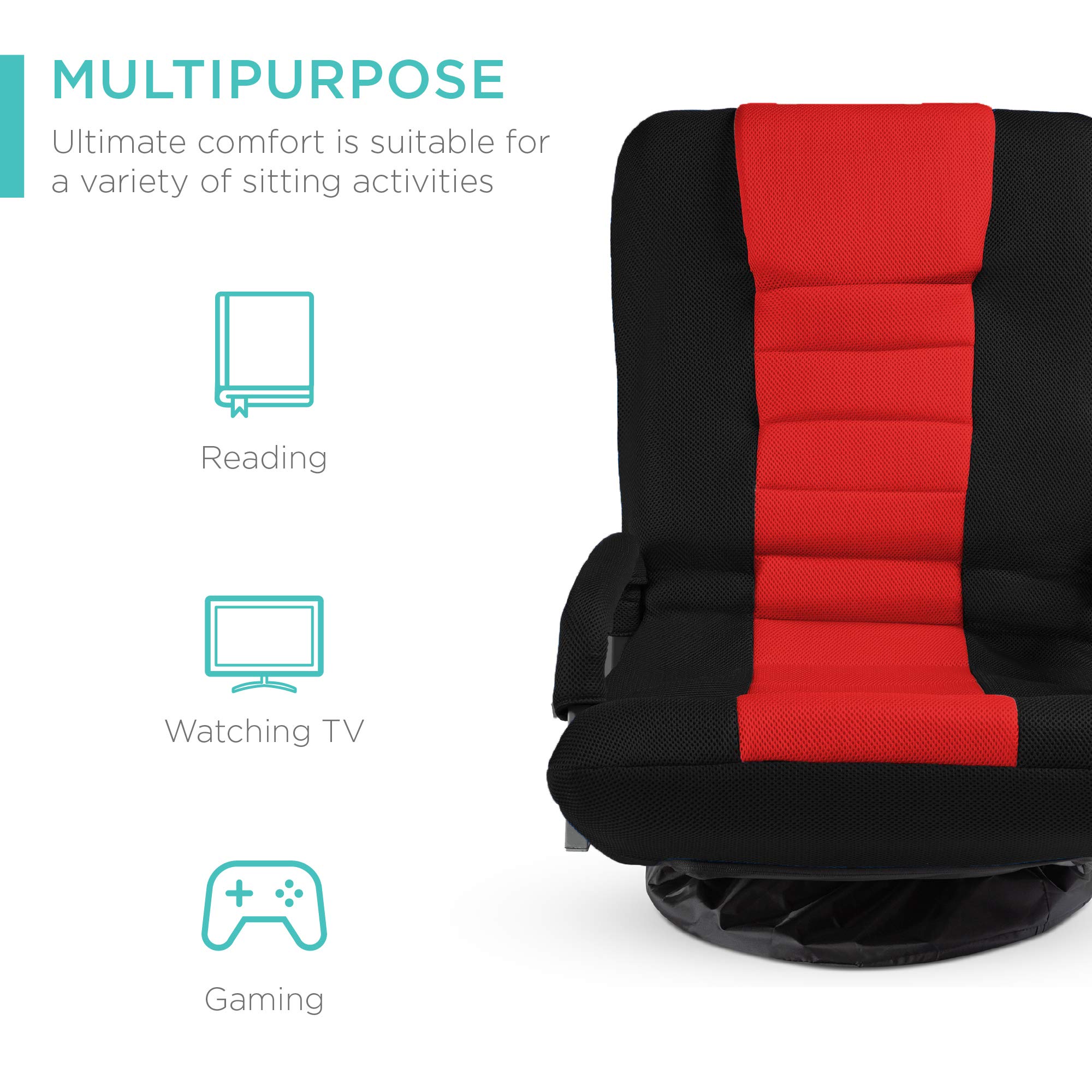 Best Choice Products 360 Degree Swivel Gaming Chair with Lumbar Support & Adjustable Backrest - Multipurpose Floor Rocker for TV Watching, Video Gaming, Reading - Ergonomic Armrest Handles (Black/Red) - Perfect for Home Office, Gaming Setup & Living Room Relaxation