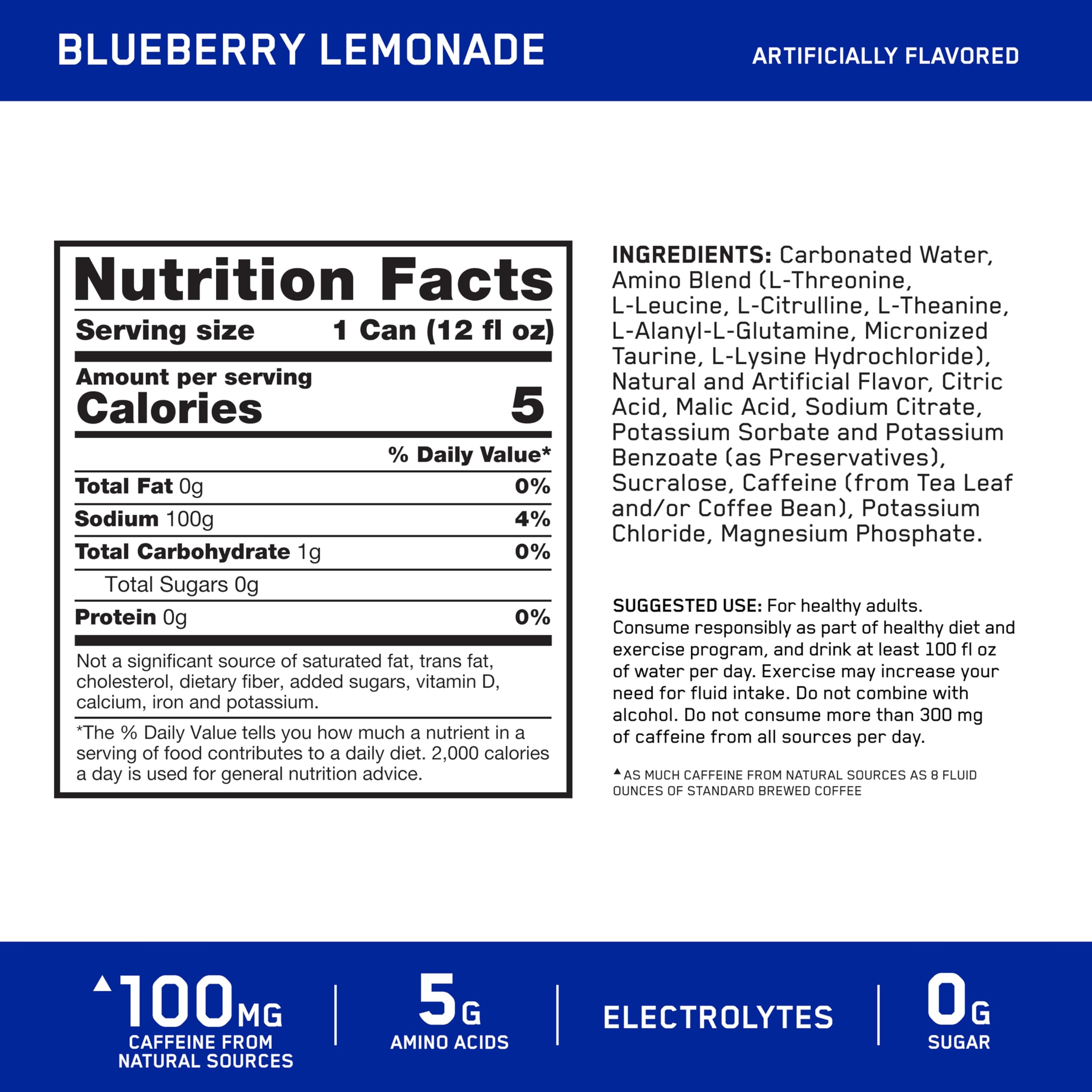 Optimum Nutrition Amino Energy Sparkling Hydration Drink with Electrolytes, Caffeine & BCAAs - Sugar Free Blueberry Lemonade Flavor, 12 Fl Oz (12 Pack) - Perfect for Workouts, Post-Exercise Recovery & Daily Hydration