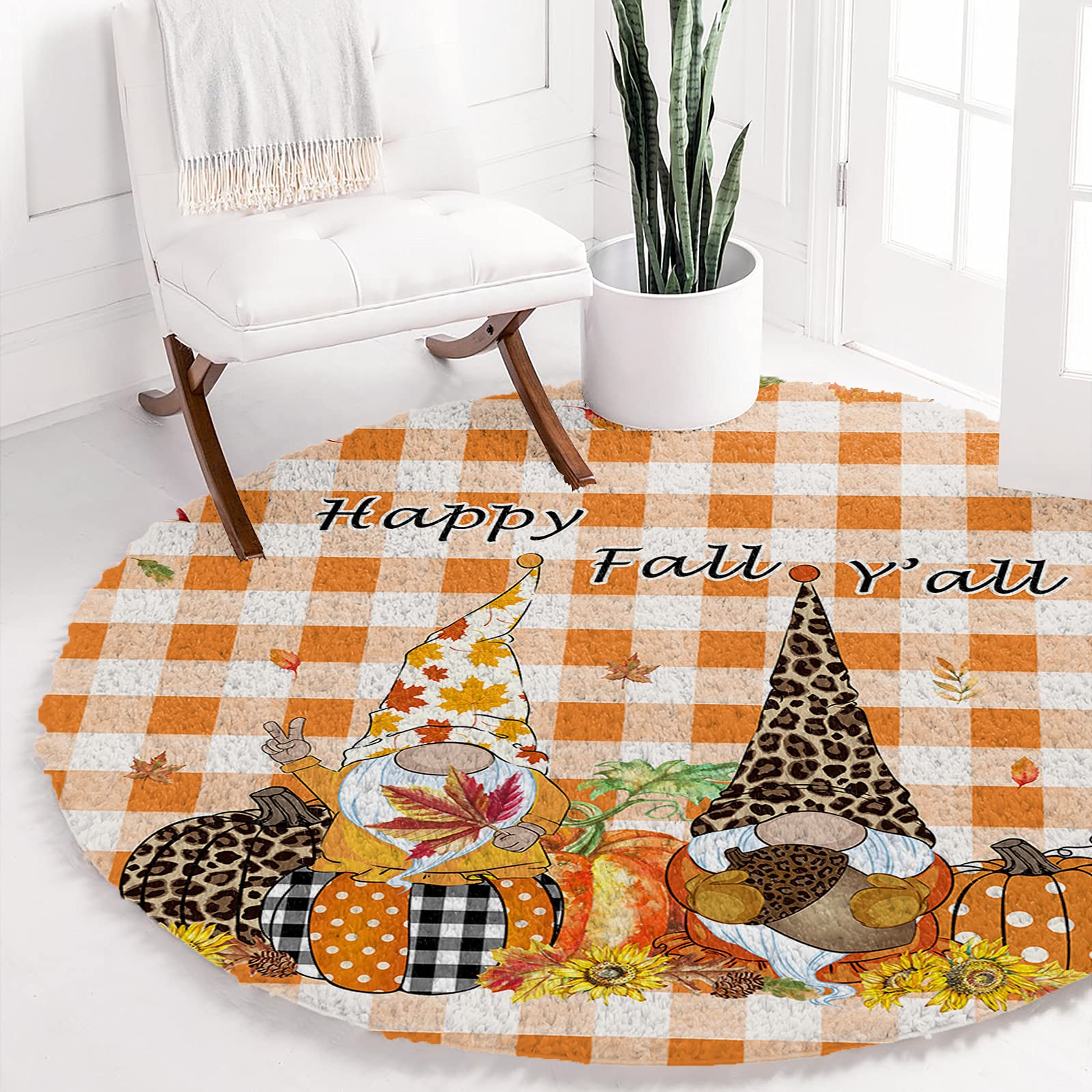 Soft Fluffy Round Shaggy Area Rug - Farmhouse Fall Thanksgiving Decor with Dwarf Orange Pumpkin & Maple Sunflower Black Plaid Design - Non-Slip Throw Rug for Living Room, Bedroom, Nursery Floor (36 Inch) - Perfect for Cozy Home Decor & Seasonal Holiday Accents