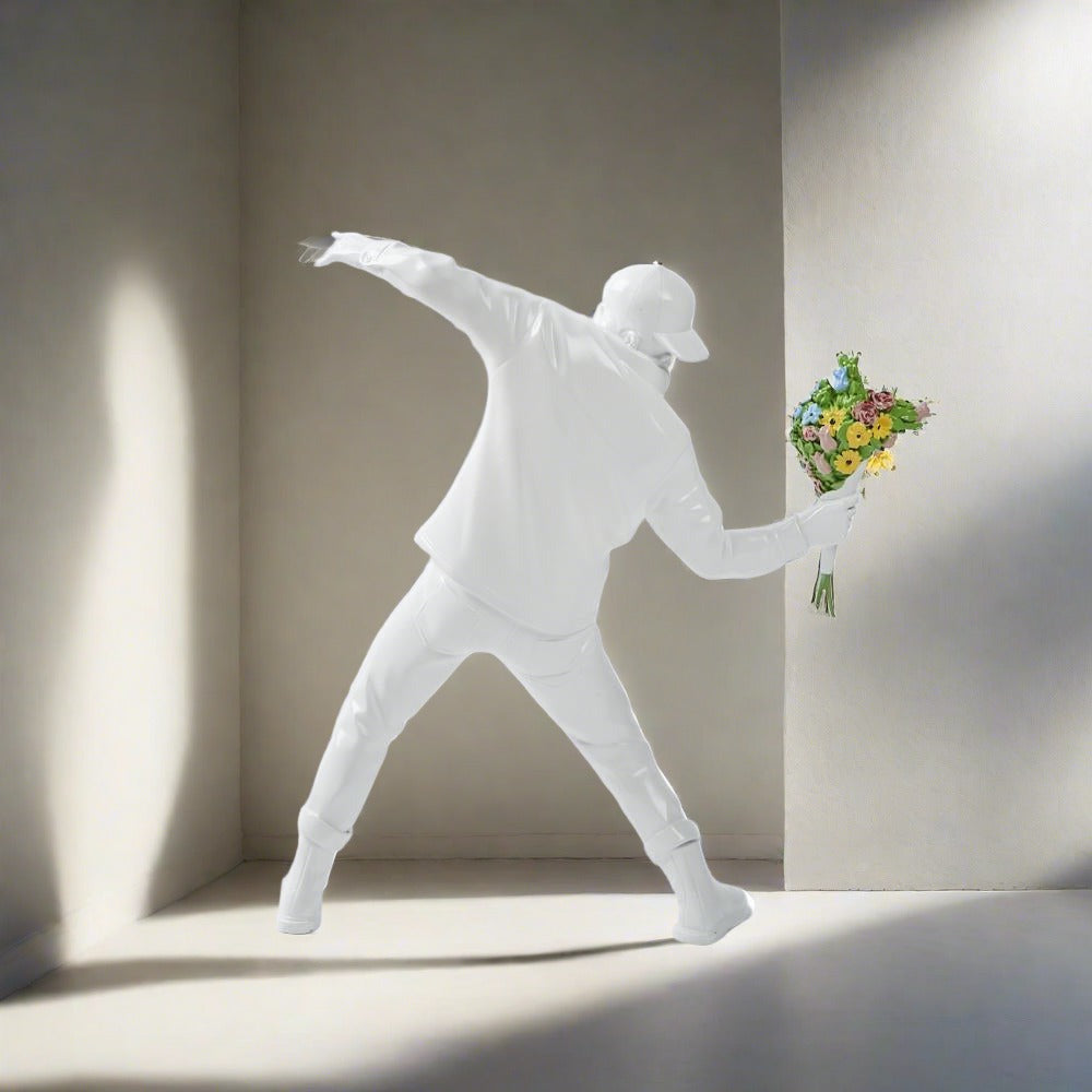 Banksy Flower Bomber Boy Statue Sculpture - Street Art Home Decor for Living Room, Office & Garden - Perfect Gift for Art Lovers