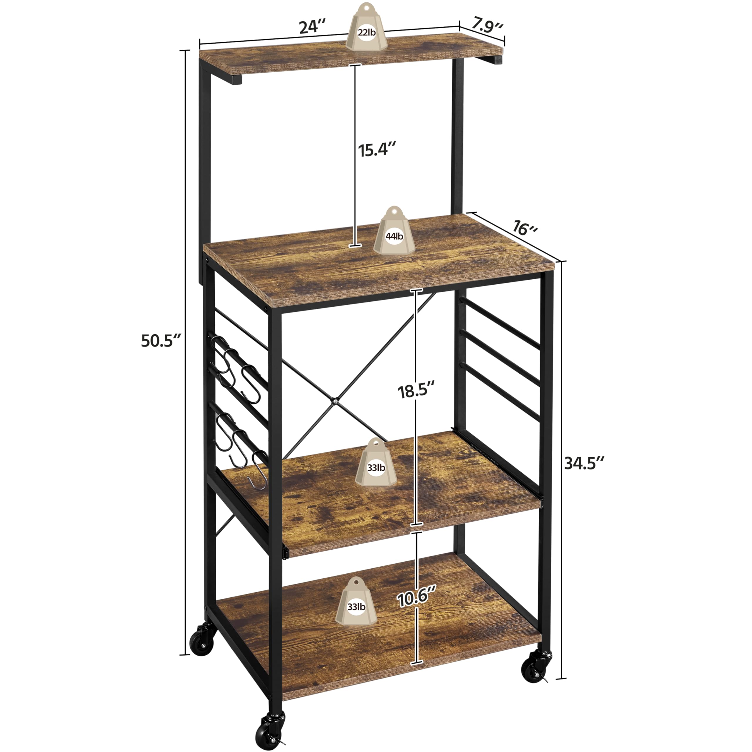 Yaheetech 3-Tier Bakers Rack with Wheels - Microwave Stand, Coffee Bar Cart with 6 Hooks & Sliding Shelf - Rustic Brown Kitchen Utility Storage Cart with Spice Rack - Perfect for Small Kitchens, Dining Rooms & Coffee Stations