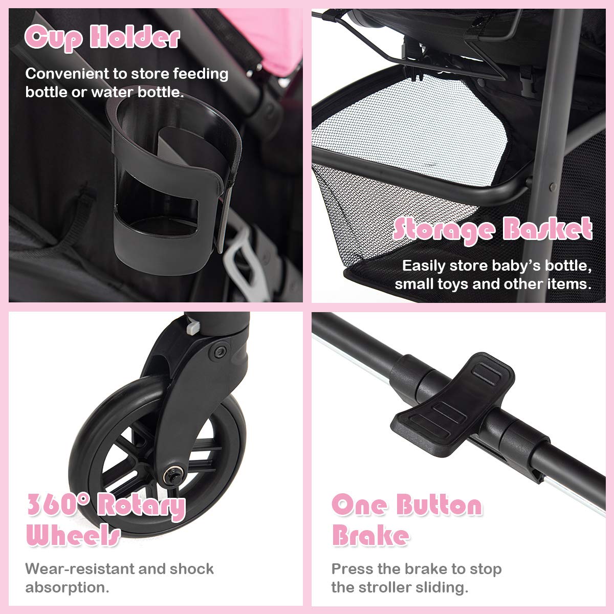 **HONEY JOY Baby Stroller - Convertible Infant Bassinet Stroller with Adjustable Canopy & Backrest, Large Storage Basket & Cup Holder, Foldable Newborn Carriage Pram (Pink) | Perfect for Walks, Travel & Shopping**