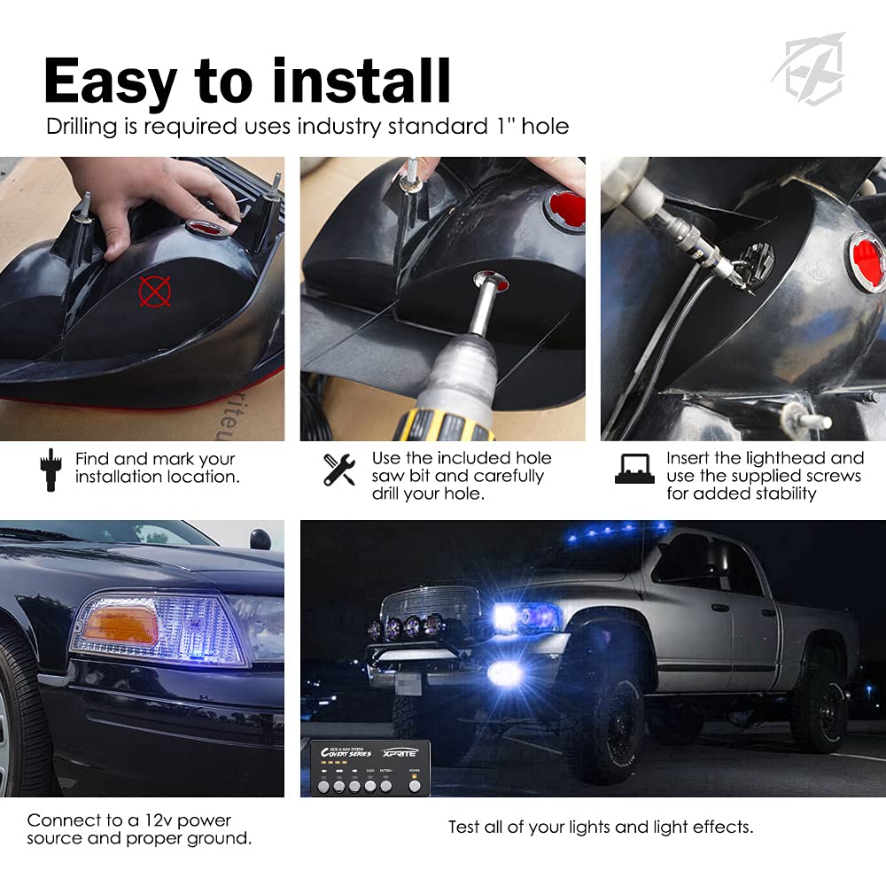 Xprite Blue LED Hideaway Strobe Police Lights Kit - 20 Flashing Modes with Control Panel for Headlights & Taillights - Emergency Warning Lights for POV Vehicles, Volunteer Cars, Trucks & SUVs (6PCS) - Perfect for First Responders, Security Patrols & Roadside Assistance