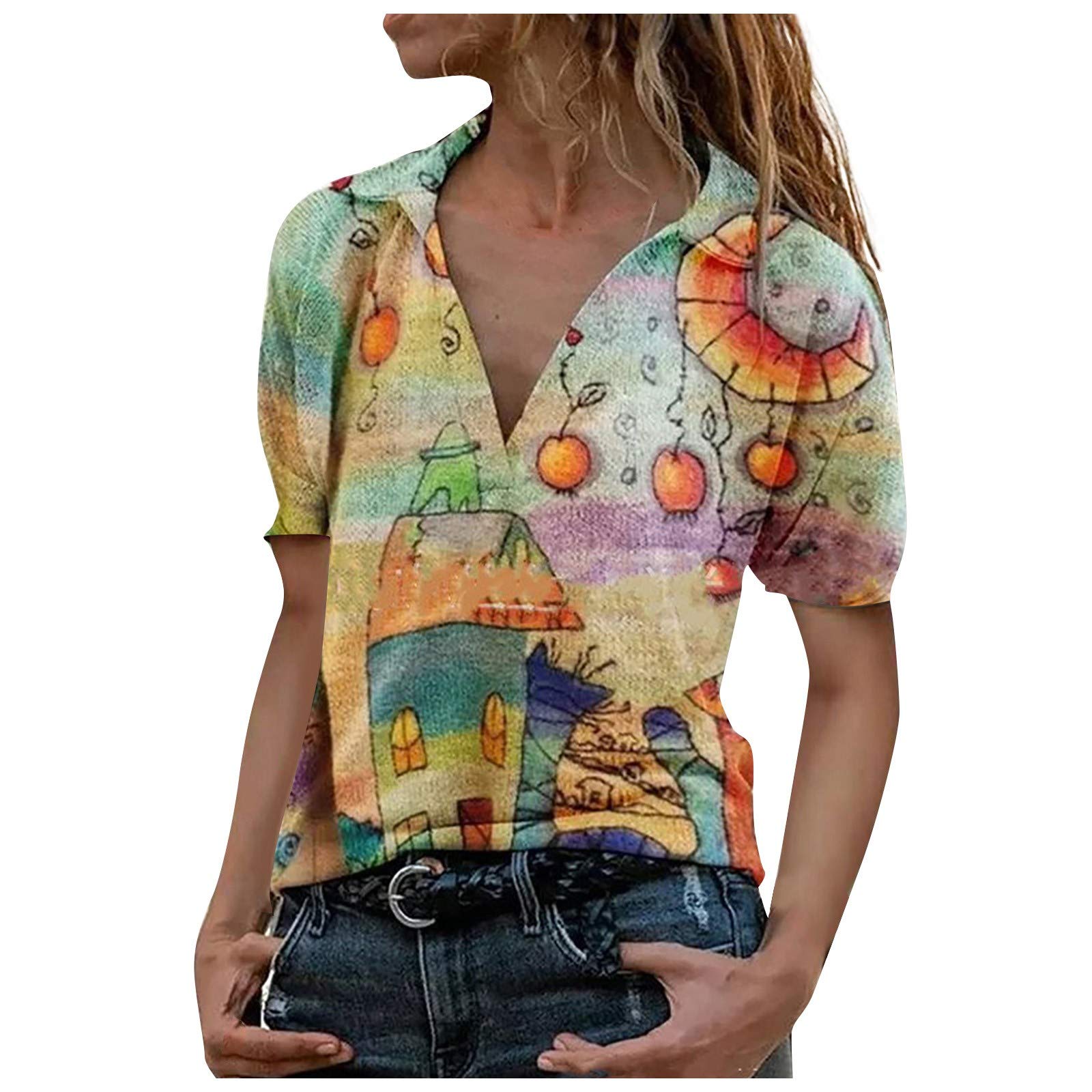 Women's Casual V-Neck Collared Short Sleeve Retro Printed T-Shirt - Loose Fit Tunic Top for Summer - Plus Size Blouses | Perfect for Beach Outings, Casual Wear & Vacation Outfits