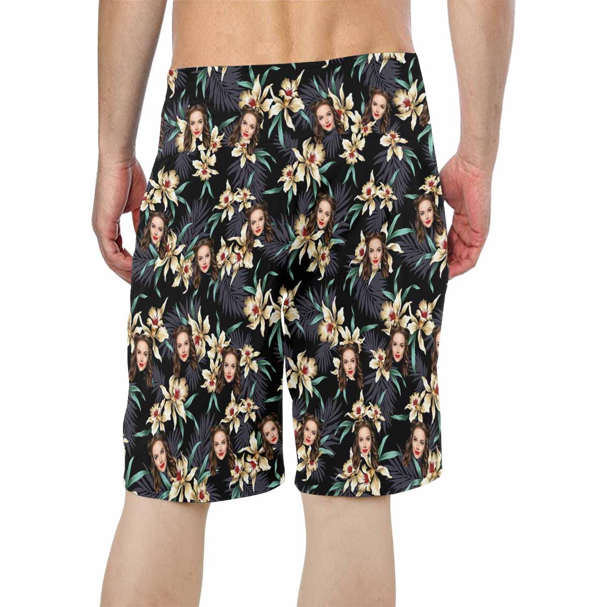 Custom Printed Face Flag Men's Quick Dry Swim Trunks - Personalized Beach Board Shorts with Wife's Photo - Perfect for Swimming, Vacation & Summer Outdoor Activities