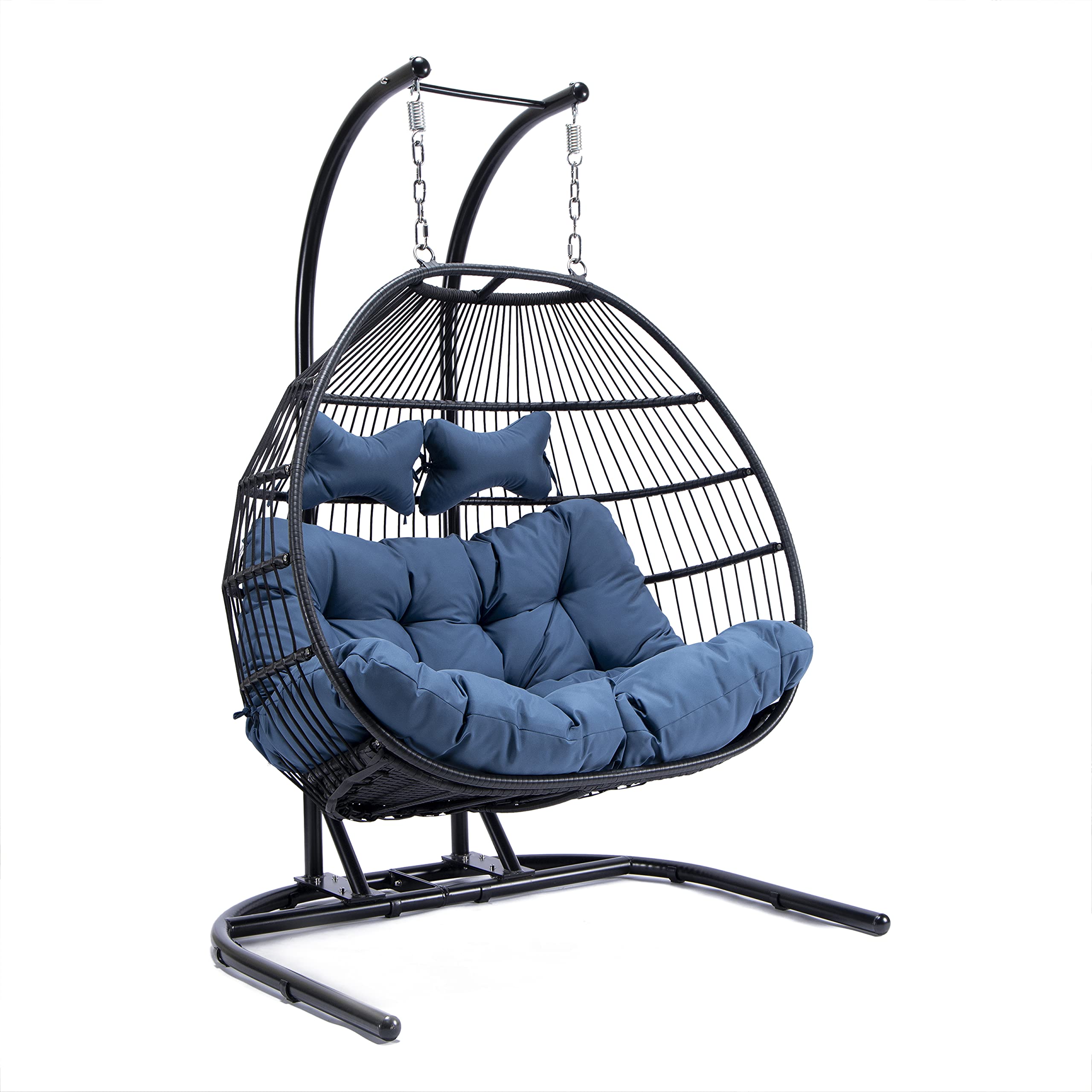 LeisureMod Wicker 2-Person Double Folding Hanging Egg Swing Chair - Navy Blue Outdoor Patio Furniture for Porch, Garden & Backyard Relaxation