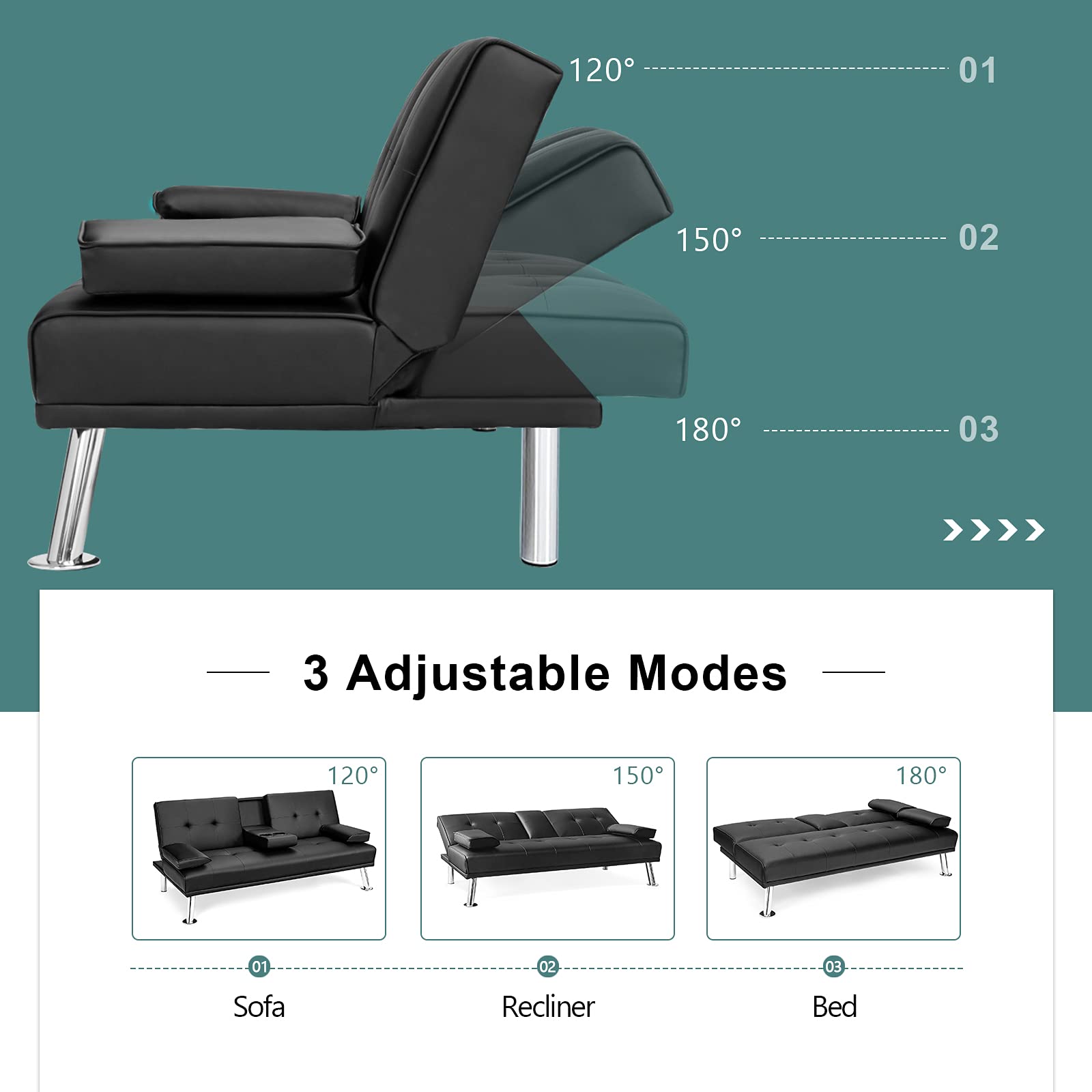 Powerstone Convertible Leather Futon Sofa Bed - Foldable Sleeper Couch for Small Spaces, Living Room Sectional with Cup Holder & Removable Armrests (Black) - Perfect for Apartments, Guest Rooms & Home Offices