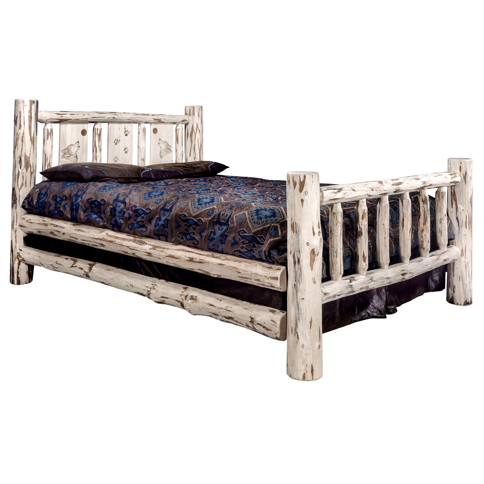 Montana Bed with Laser Engraved Design - Clear Lacquer Finish Wooden Bed Frame - Perfect for Modern Bedroom, Guest Room & Master Suite Decor