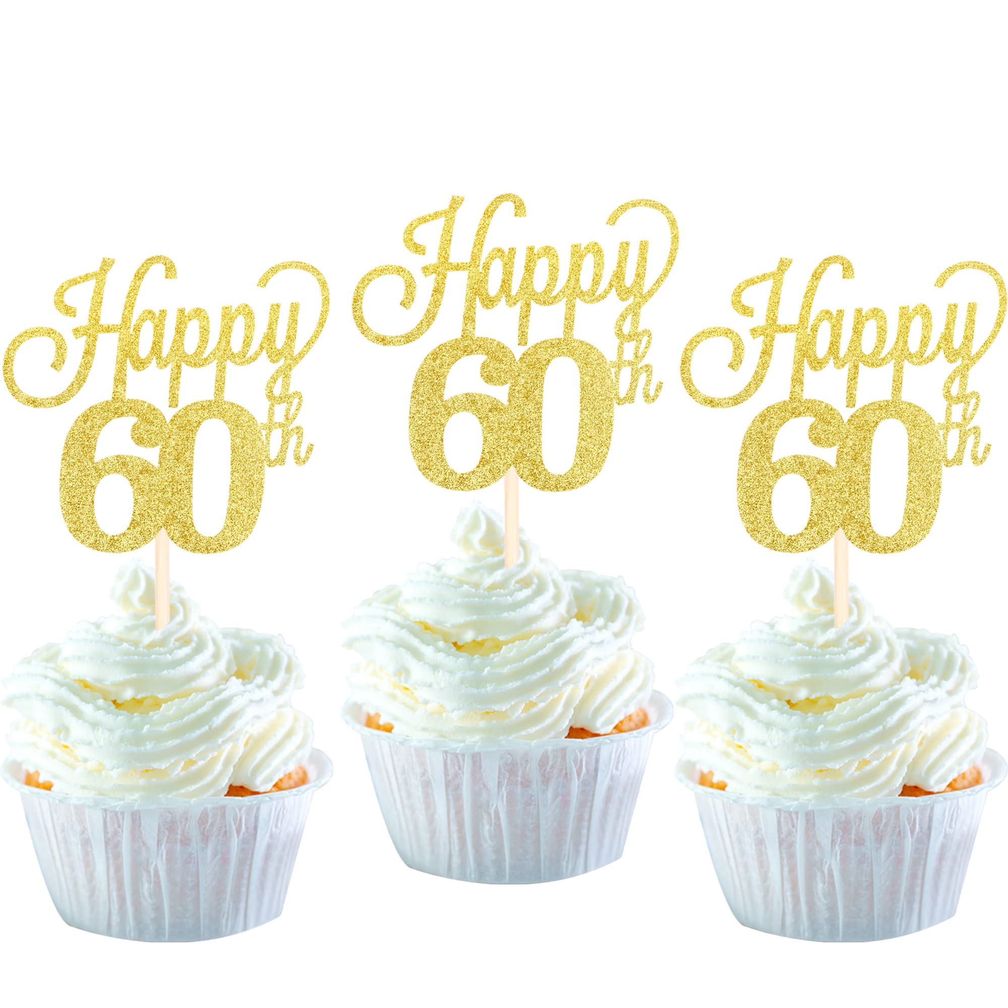 24 Pack Gold Glitter 60th Birthday Cupcake Toppers - Number 60 Sixty Cheers Cupcake Picks for 60th Birthday, Wedding, Anniversary Party Cake Decorations - Perfect for Milestone Celebrations & Festive Gatherings