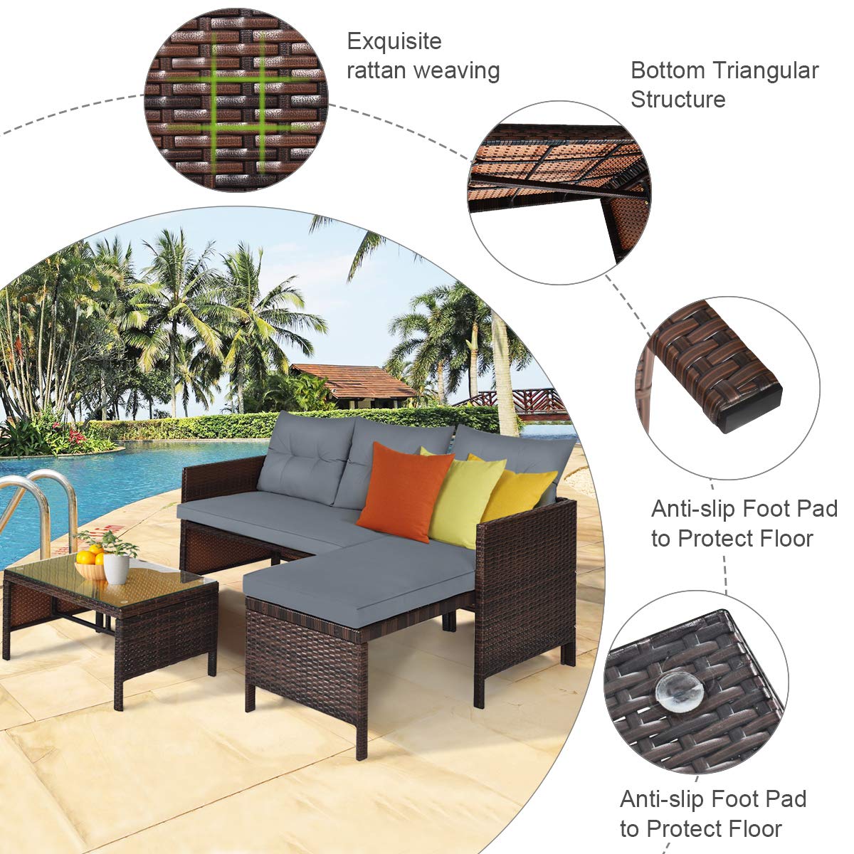 3-Piece Patio Conversation Set - Outdoor Rattan Wicker Sofa with Coffee Table & Cushions, Grey Corner Loveseat for Garden, Poolside, Backyard & Balcony Relaxation