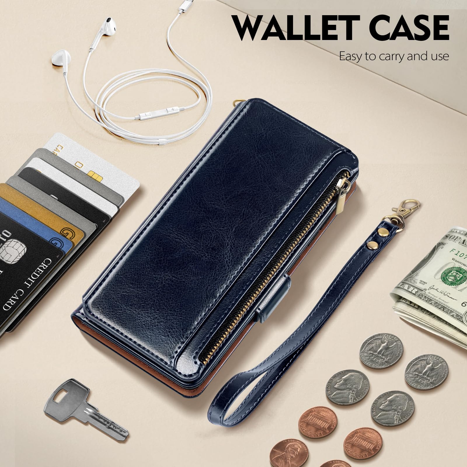 Samsung Galaxy S22 Ultra Wallet Case with RFID Blocking - PU Leather Flip Cover with Card Holder & Strap | Shockproof Protection for Galaxy S22 Ultra 5G | Dark Blue | Perfect for Business Travel & Daily Commute