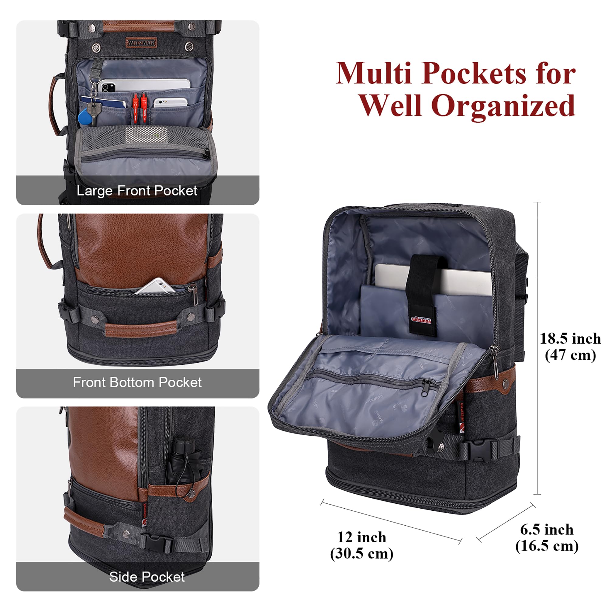 WITZMAN Travel Backpack Carry-on Luggage with Shoe Compartment - Perfect for Gym & Weekend Trips