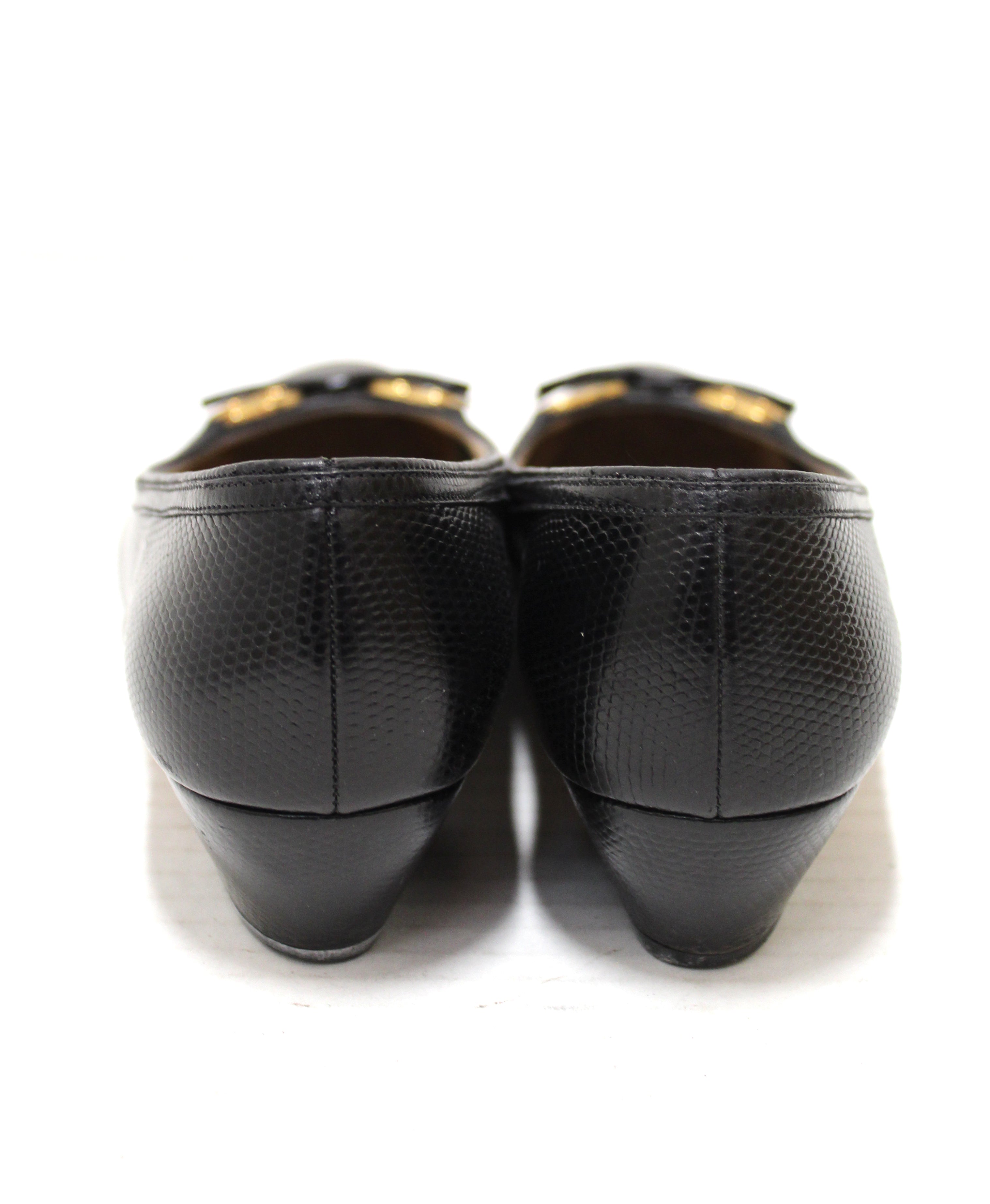 Authentic Salvatore Ferragamo Black Snakeskin Embossed Leather Pumps Women's Size 6.5 - Elegant High Heels for Work, Party & Special Occasions