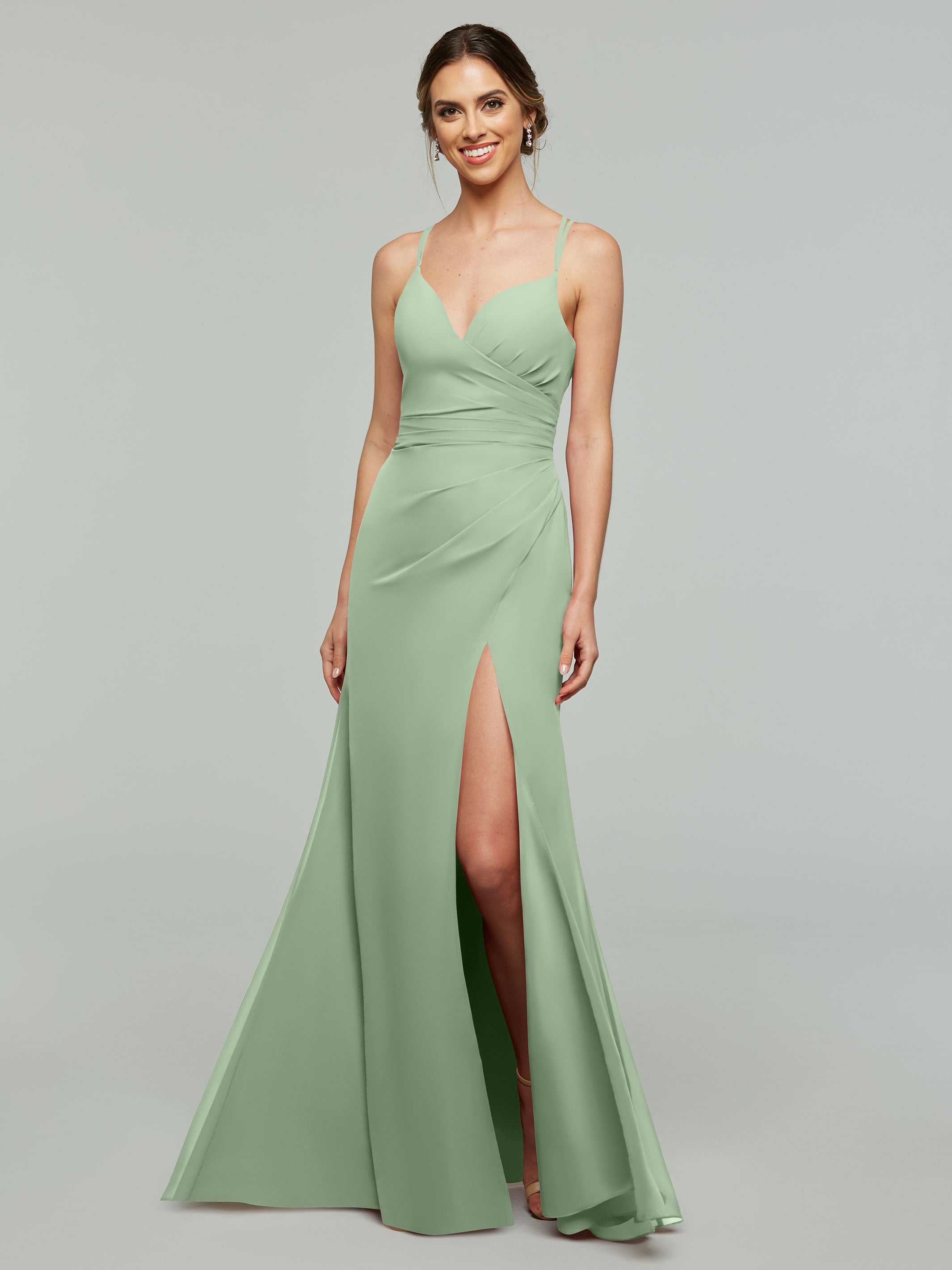 Elegant 80130 Chiffon Sheath Bridesmaid Dress with V-Neck & High Slit - Perfect for Weddings, Formal Events & Evening Parties