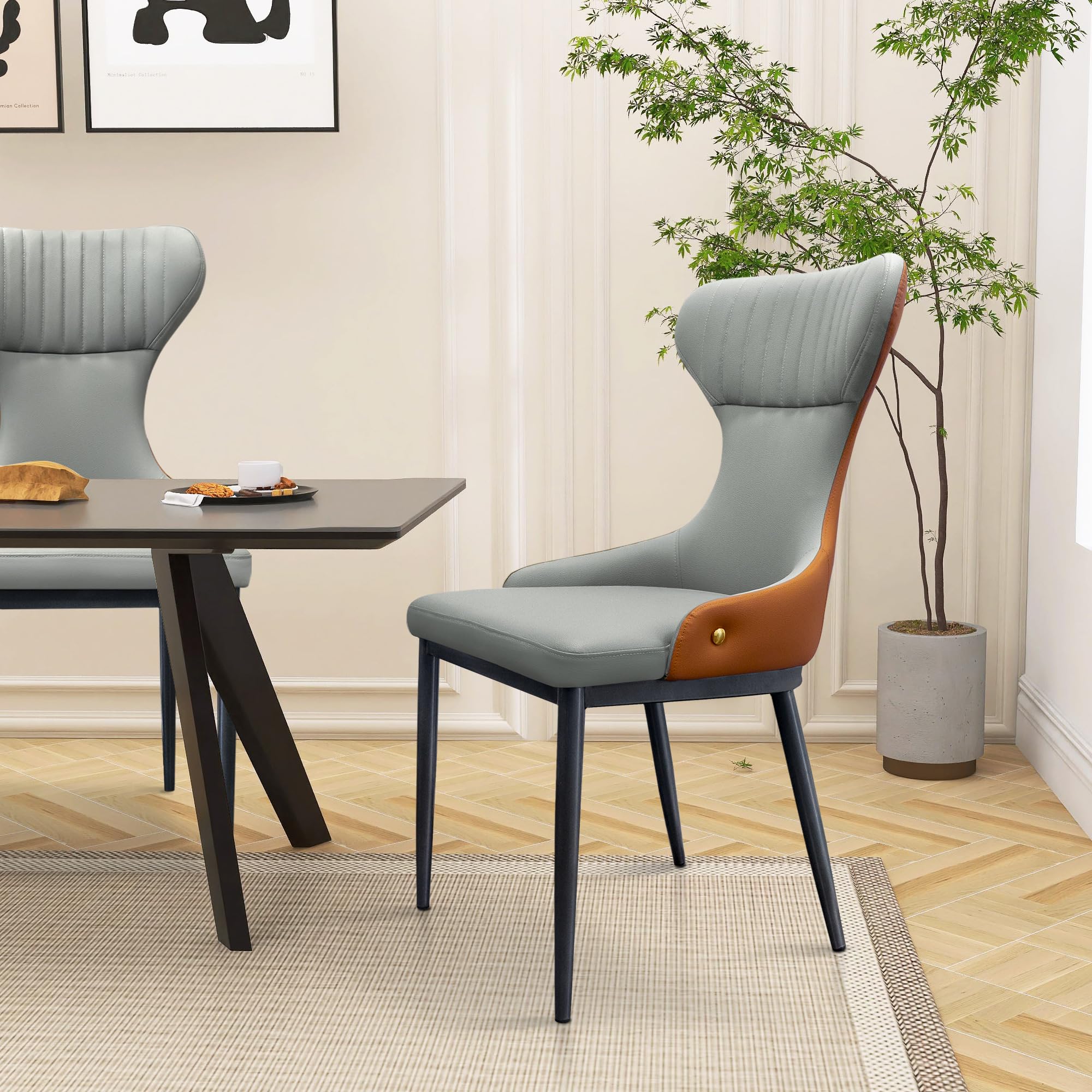 Premium Leather Dining Chairs Set of 2 - Modern Color-Block Design with Metal Legs & Soft Cushions - Fishtail Back Armless Chairs for Kitchen, Dining Room & Living Room - Perfect for Modern Homes, Restaurants & Cozy Gatherings