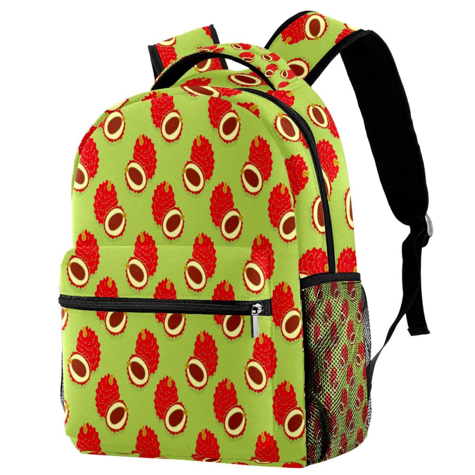 Stylish Lychee Fruits Pattern Green Backpack for Middle School, Travel & Daily Use - Durable Bookbag with Trendy Design for Students & Commuters