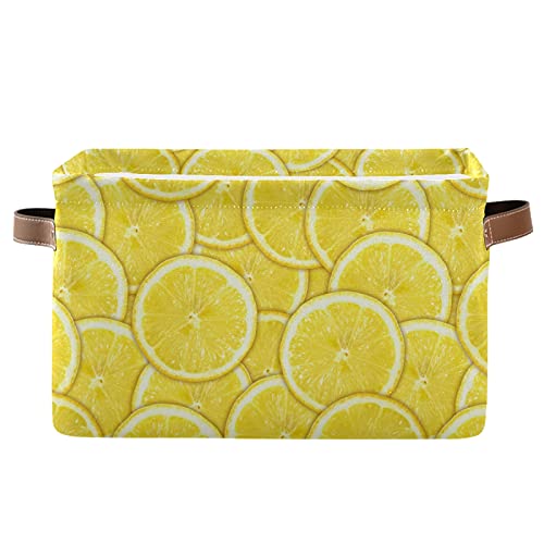 Collapsible Storage Basket with PU Handles - Waterproof Laundry Organizer for Nursery, Kitchen & Bathroom | Yellow Lemon Slice Design | 1 Pack