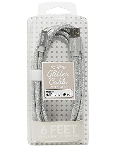 LIQUIPEL Powertek Glitter MFi Certified Fast Charging Cable - 6ft Lightning to USB Cable for Apple iPhone & iPad - Durable & Tangle-Free Charger Cord (Silver) | Perfect for Home, Office & Travel Charging