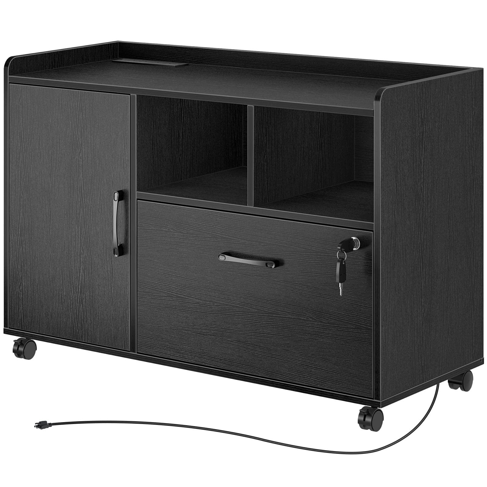 Rolanstar Mobile File Cabinet with Charging Station - Locking Drawers Lateral Filing Cabinet & Printer Stand with Wheels, Open Storage Shelf - Holds Letter/Legal/A4 Files - Black - Perfect for Home Office, Small Business & Workspace Organization