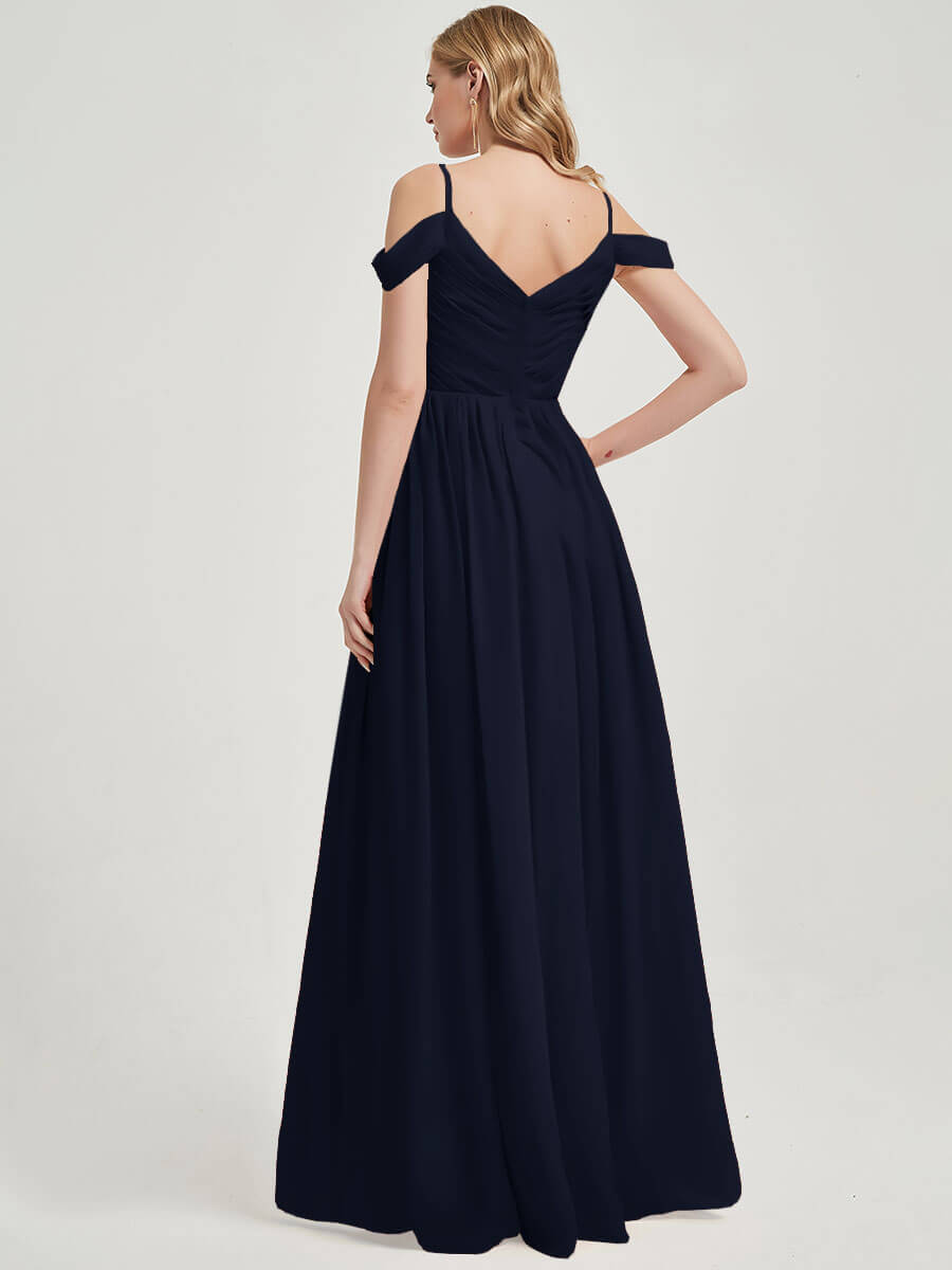 Elegant Dark Navy Bridesmaid Dress with Cold Shoulder & Spaghetti Straps - Pleated Chiffon Formal Gown for Weddings, Parties & Special Occasions