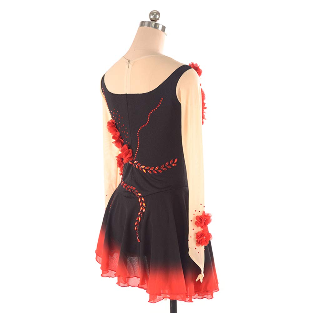 LIUHUO Black Ice Figure Skating Dress for Girls & Women - Long Sleeve Beaded Roller Skating Costume with Red Flower Design | Perfect for Competitions, Performances & Practice