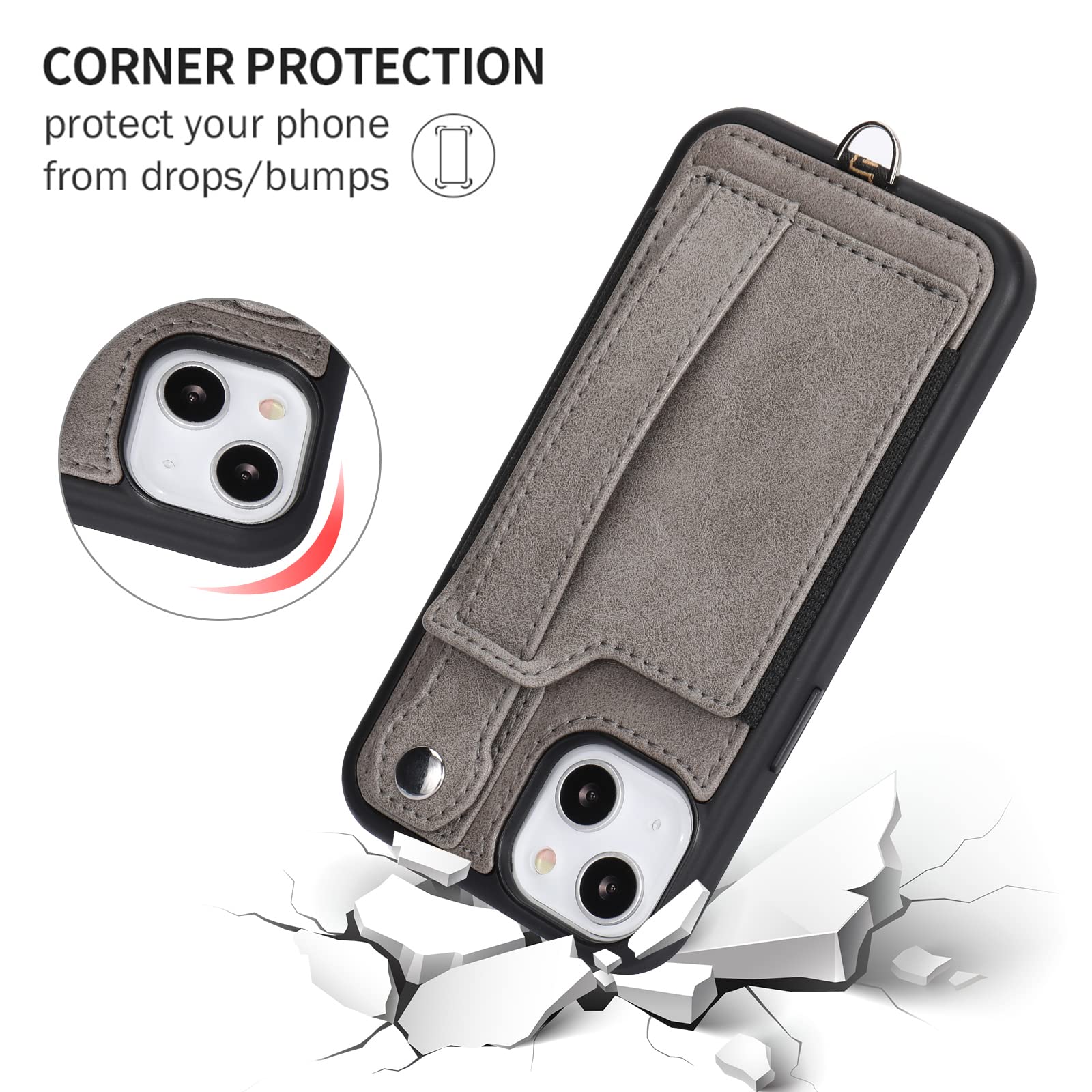TOOVREN iPhone 13 Wallet Case with Card Holder & Phone Lanyard - PU Leather Protective Cover with Stand for iPhone 13 (6.1 Inch) - Slim Wallet Phone Case for Women & Men in Gray - Perfect for Travel, Shopping & Everyday Use