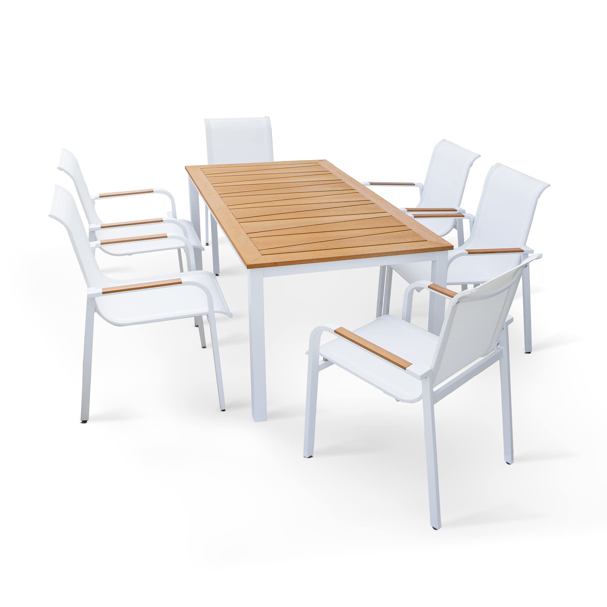 7-Piece Outdoor Dining Set with Luxury Faux Wood Tabletop & Armrest - Powder-Coated Aluminum Base - White Patio Furniture for Backyard, Garden, Poolside & Outdoor Entertaining