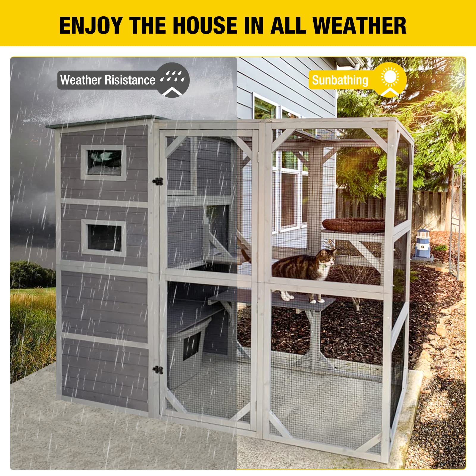Aivituvin 4-Tier Large Cat Enclosure for Indoor & Outdoor Cats - Weatherproof Roof, 3 Resting Rooms, 3 Platforms, 5 Windows (70