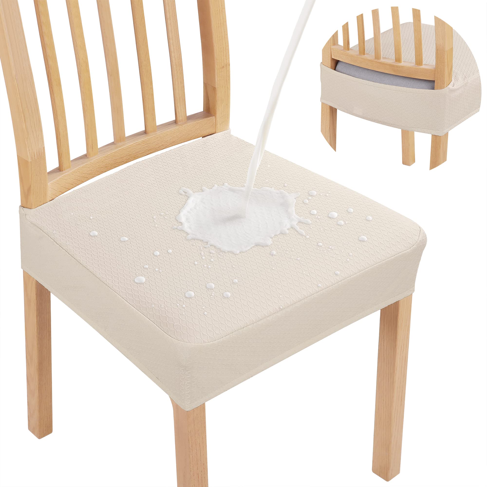 Smiry Waterproof Dining Chair Seat Covers Set of 4 - Stretch Jacquard Washable Slipcovers for Kitchen & Dining Room Chairs (Beige) | Spill Protection & Easy Cleaning for Family Meals & Entertaining