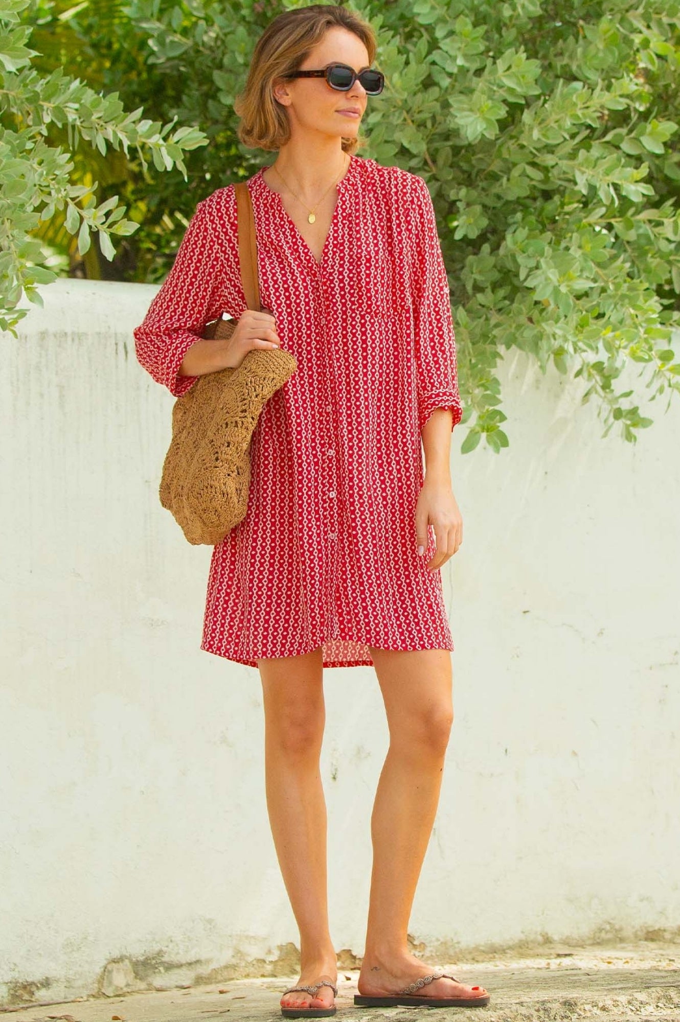 Mila Shirt Tunic for Women - Santorini Red & White Floral Print Summer Blouse | Perfect for Beach Vacations, Date Nights & Office Wear