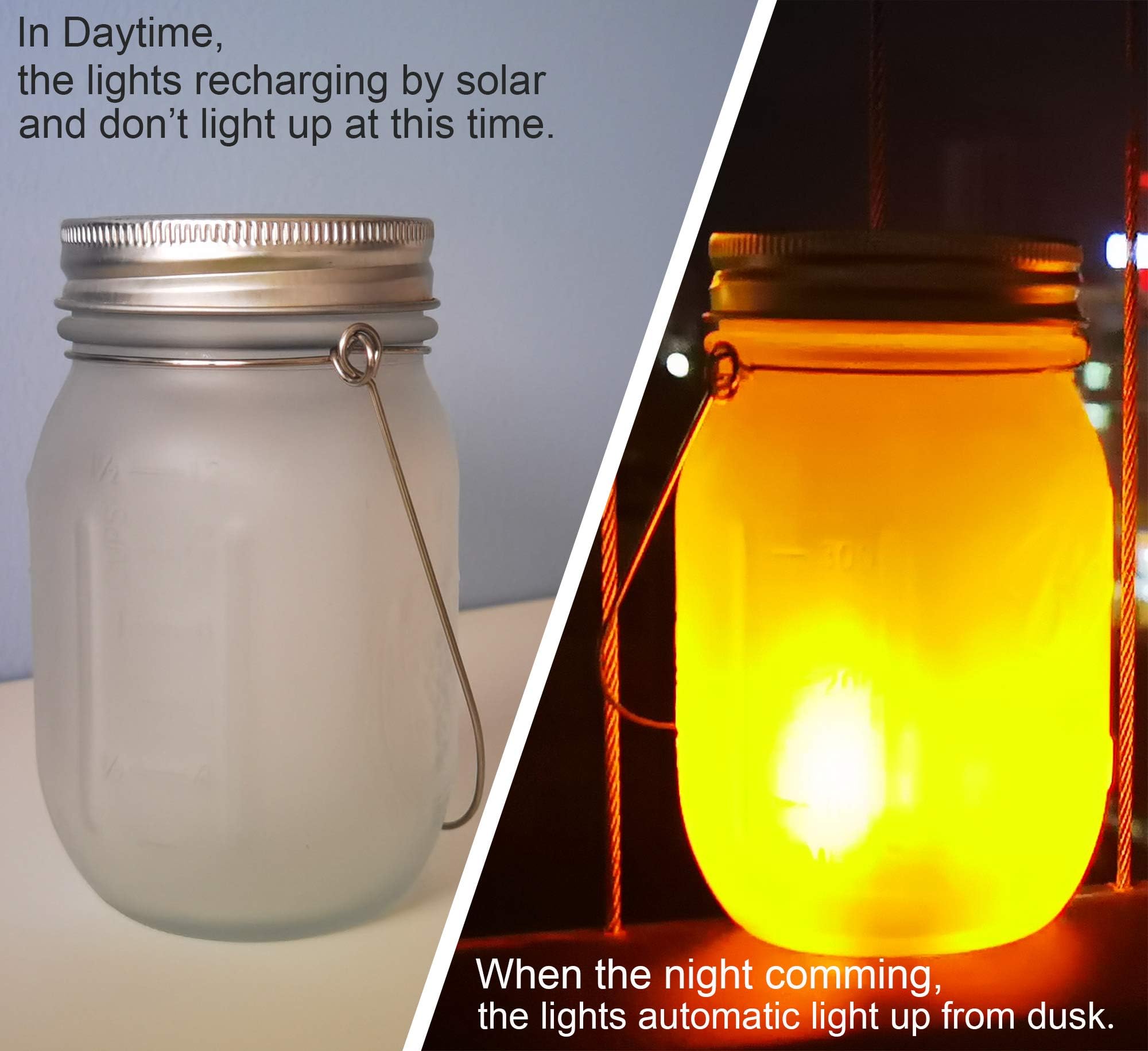 6-Pack Solar Mason Jar Lights with Amber Flame Flicker - Outdoor Hanging Lanterns for Garden, Patio & Wedding Decor - Includes Glass Jars & Hangers - Solar Powered Weatherproof Lighting for Backyard, Pathway & Party Decorations