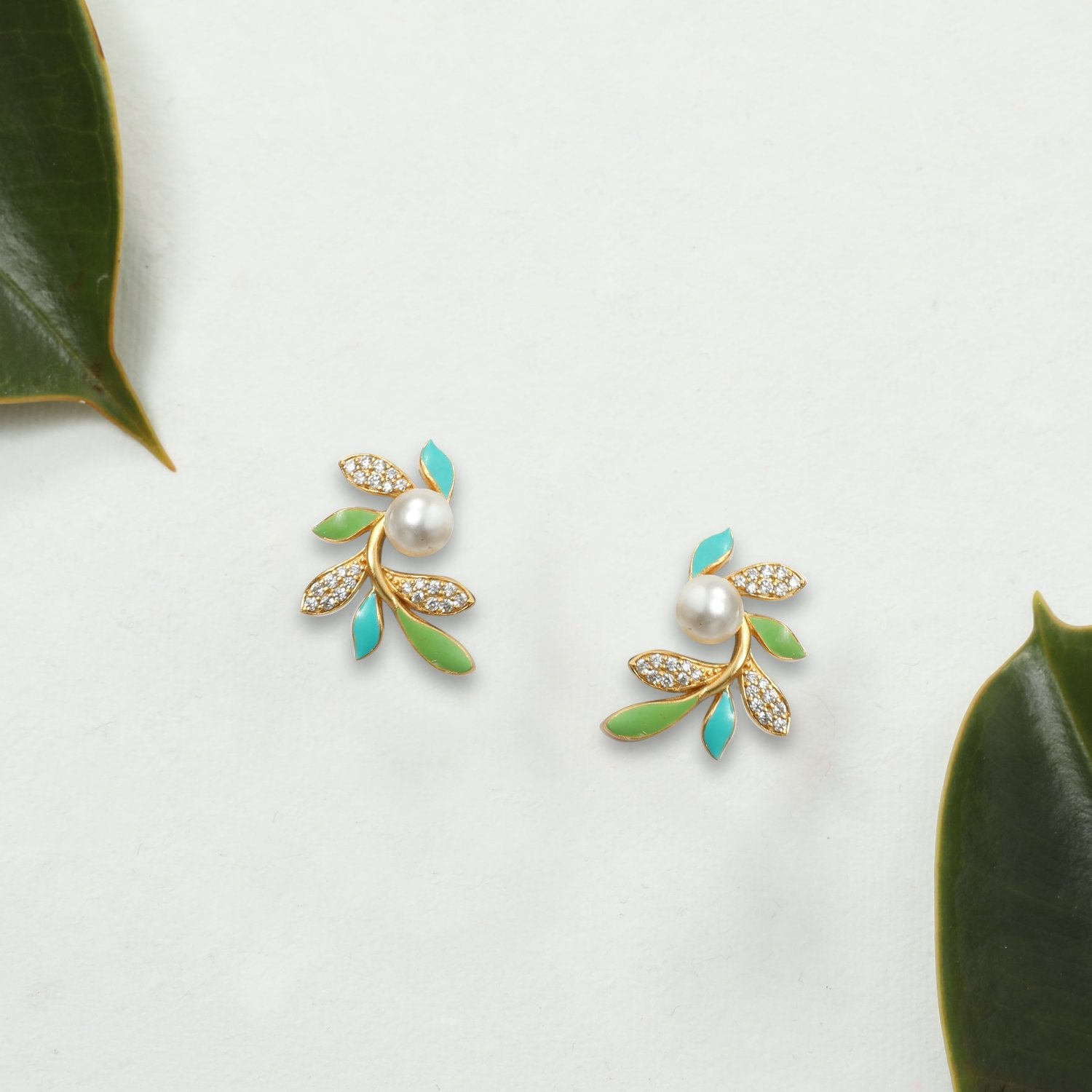Eriha Pearl & CZ Green Leaf Stud Earrings for Women - Elegant Fashion Jewelry for Daily Wear, Parties & Gifts